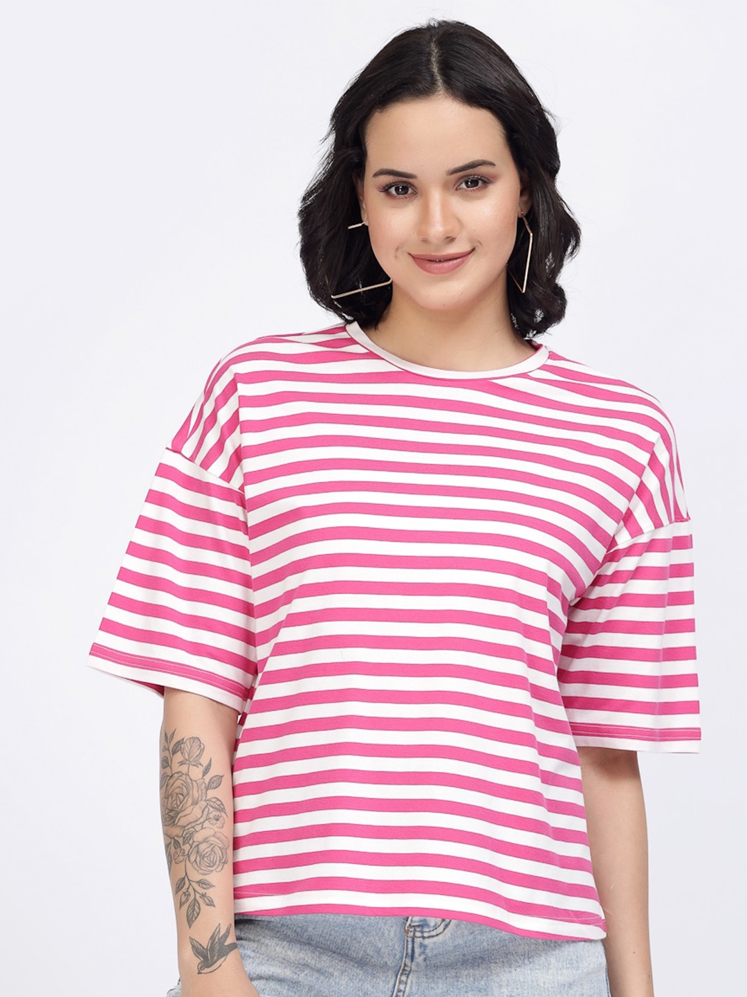 

YOONOY Striped Extended Sleeves Cotton Tshirt, Pink