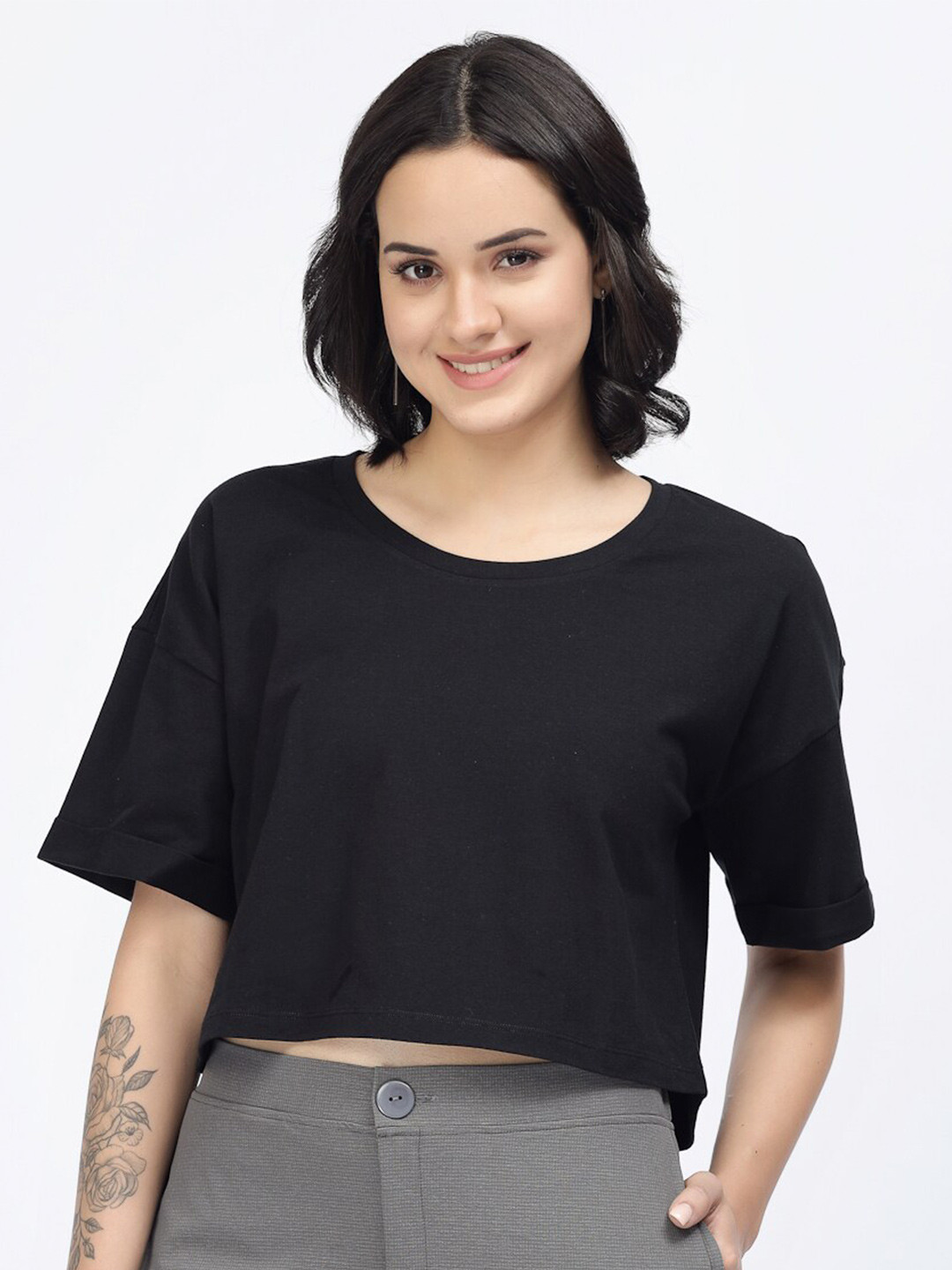 

YOONOY Round Neck Pure Cotton Boxy Crop T-shirt, Black