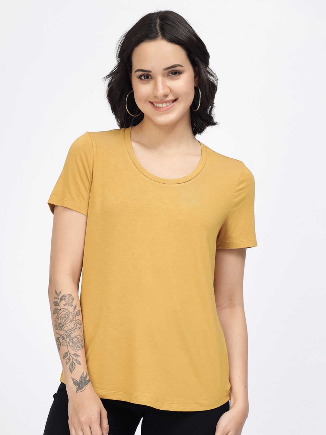 

YOONOY Round Neck Short Sleeves Cotton Casual T-Shirt, Mustard
