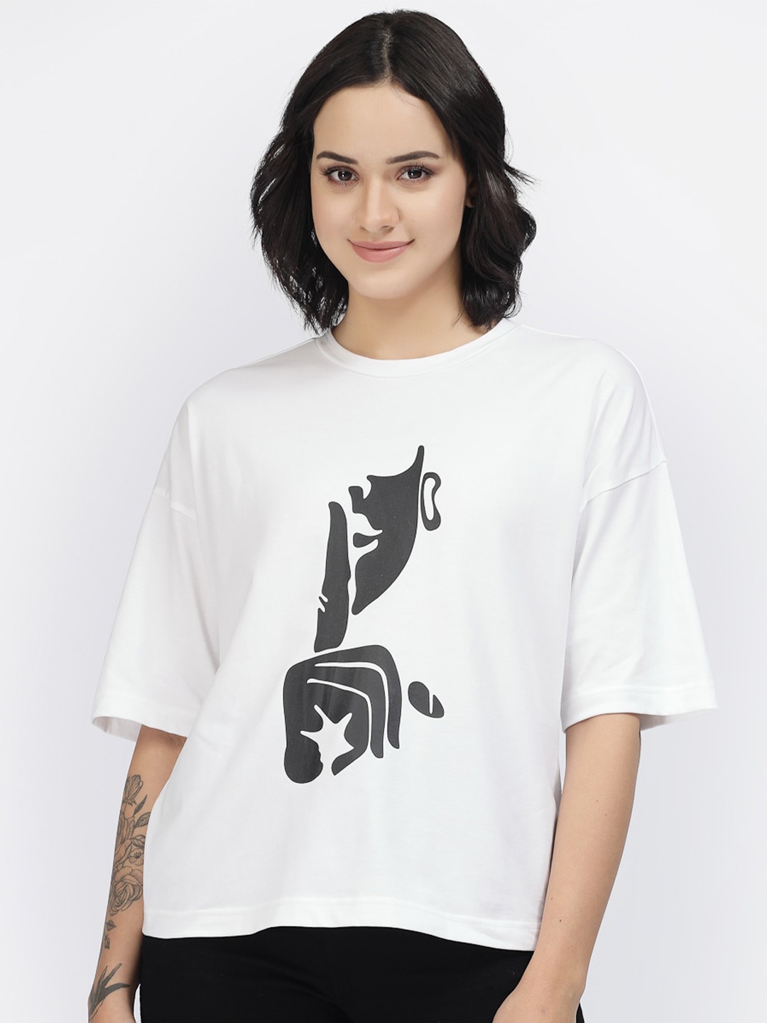 

YOONOY Graphic Printed Drop Shoulder Sleeves Pure Cotton T-shirt, White