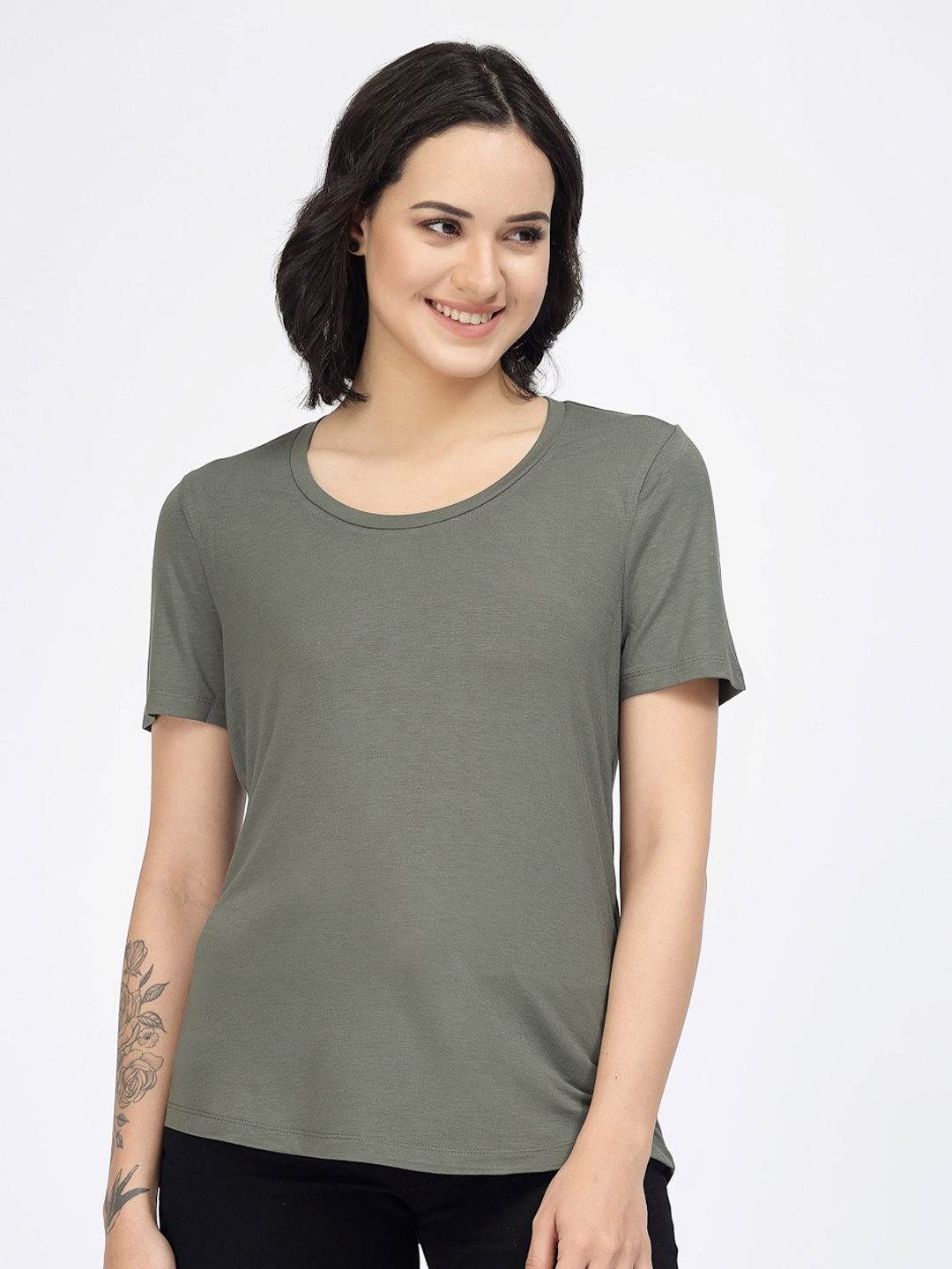 

YOONOY Knitted Round Neck Cotton T-Shirt, Olive