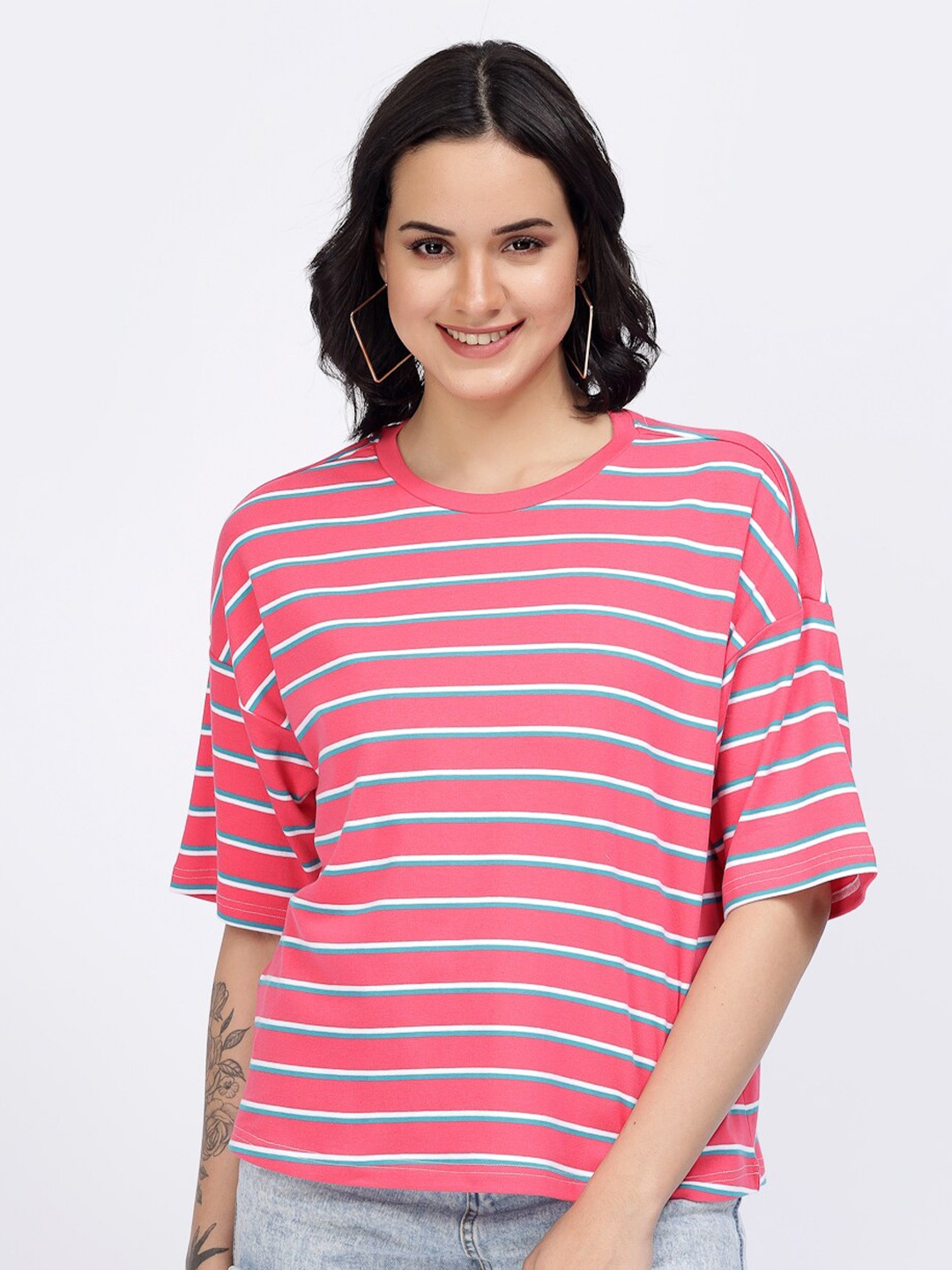 

YOONOY Striped Drop-Shoulder Sleeves Pure Cotton T-shirt, Pink