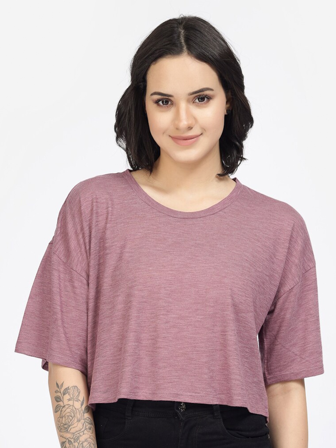 

YOONOY Round Neck Cotton Boxy Crop Top, Maroon