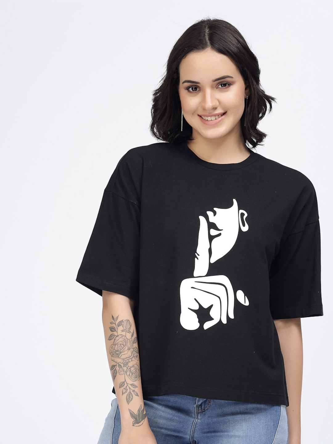 

YOONOY Graphic Printed Drop-Shoulder Sleeves Pure Cotton T-Shirt, Black