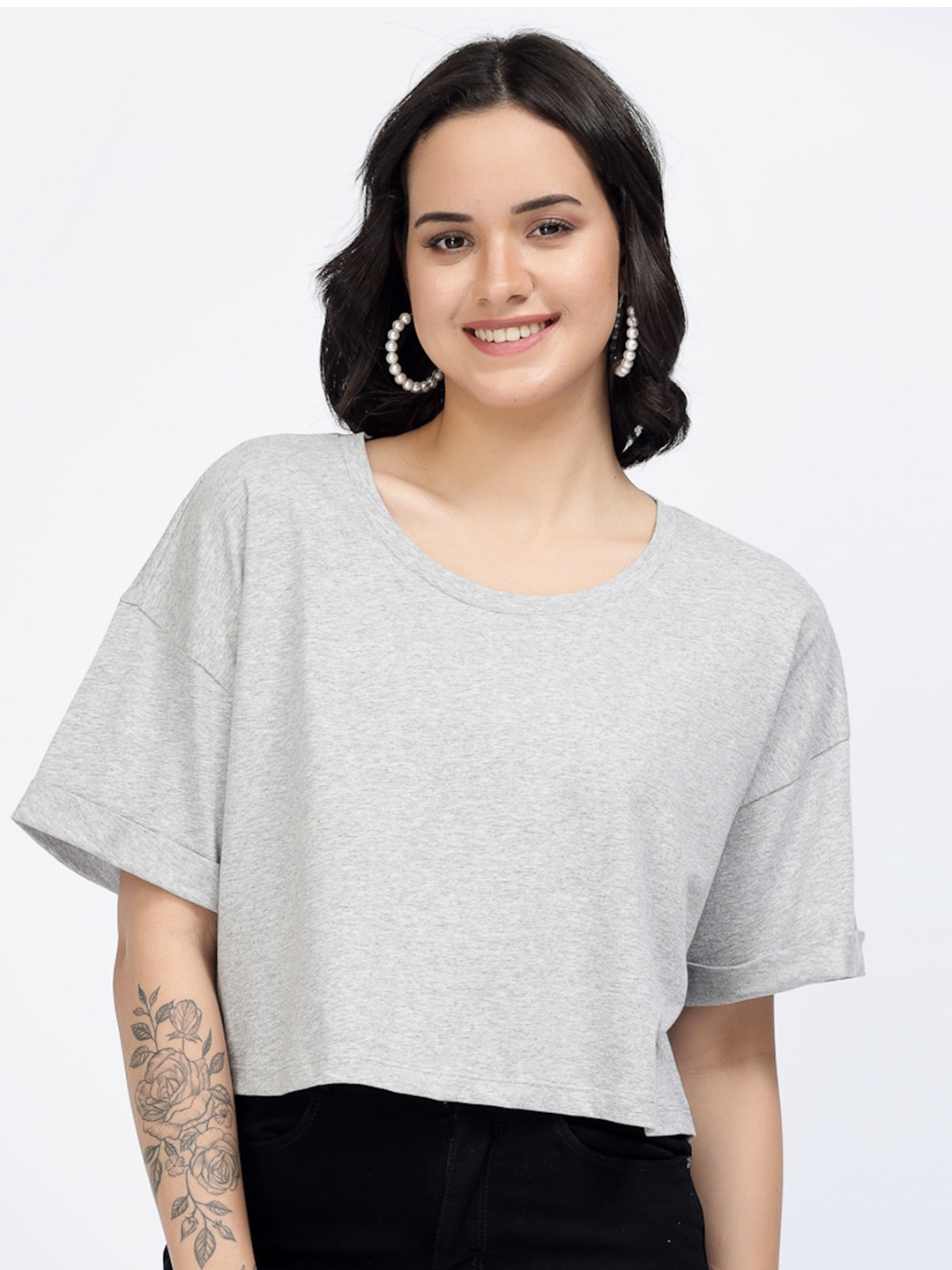 

YOONOY Cotton Boxy Crop Top, Grey