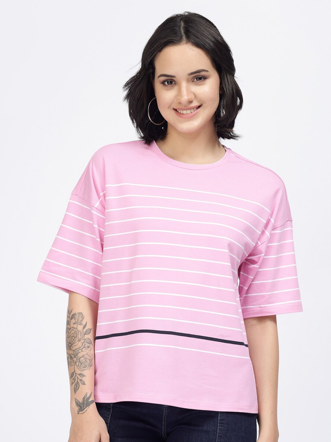 

YOONOY Striped Cotton Boxy Top, Pink