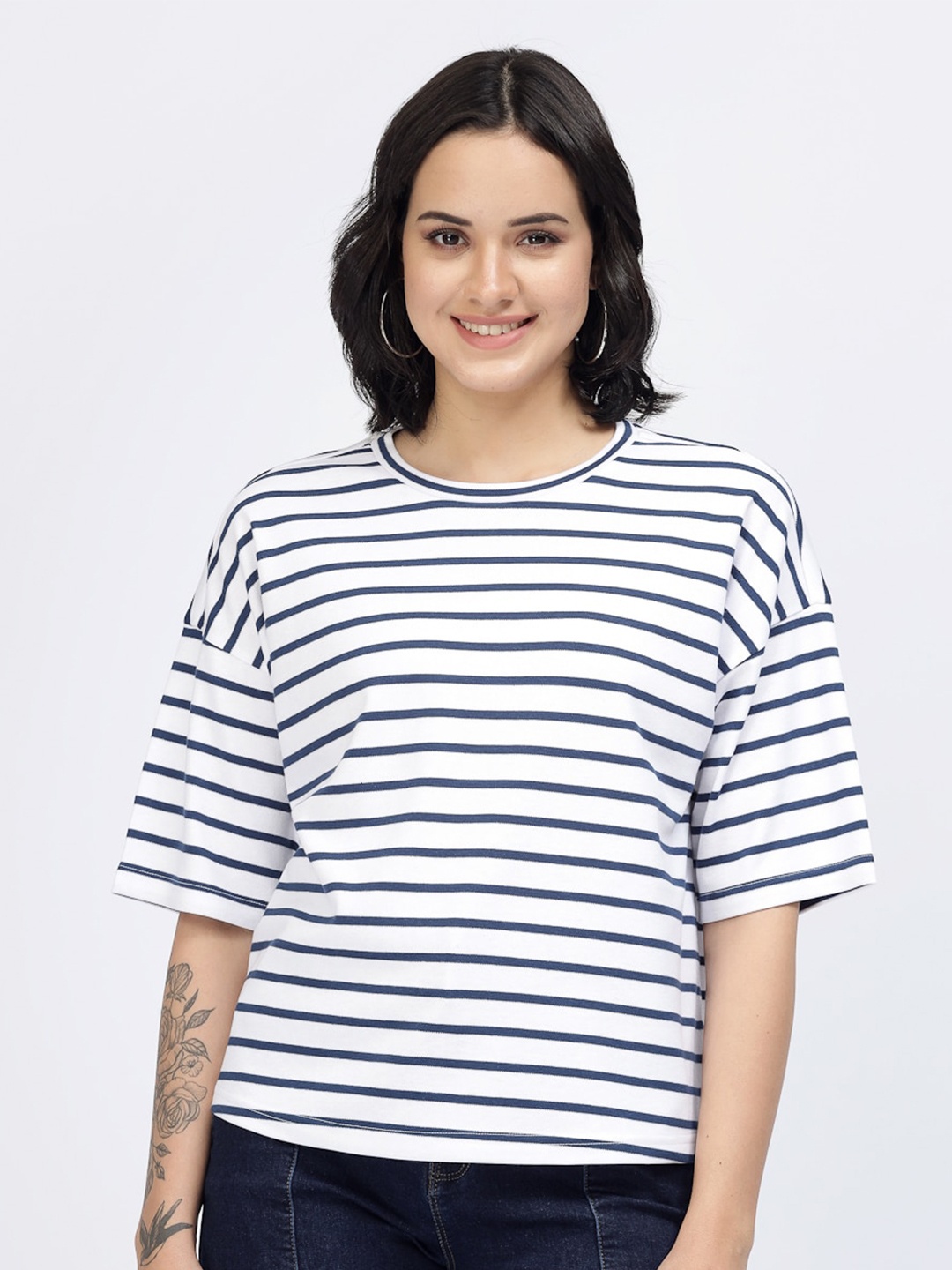 

YOONOY Striped Drop ShoulderPure Cotton Boxy T-shirt, White