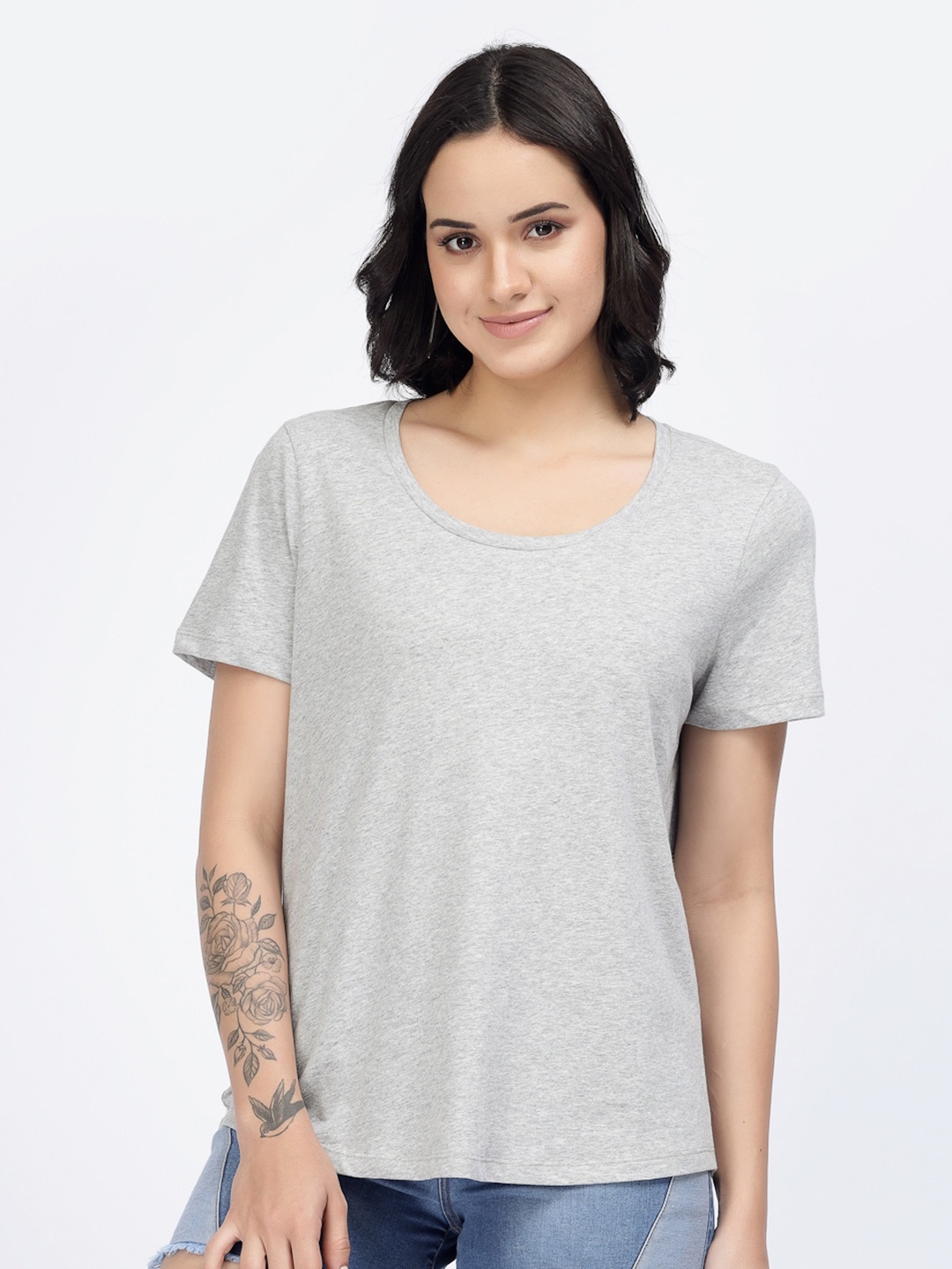 

YOONOY Round Neck Short Sleeves Pure Cotton Top, Grey