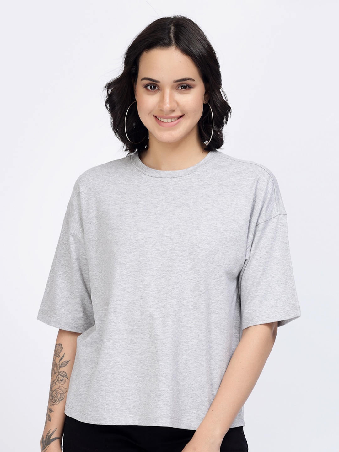 

YOONOY Drop-Shoulder Sleeves Cotton Boxy Top, Grey
