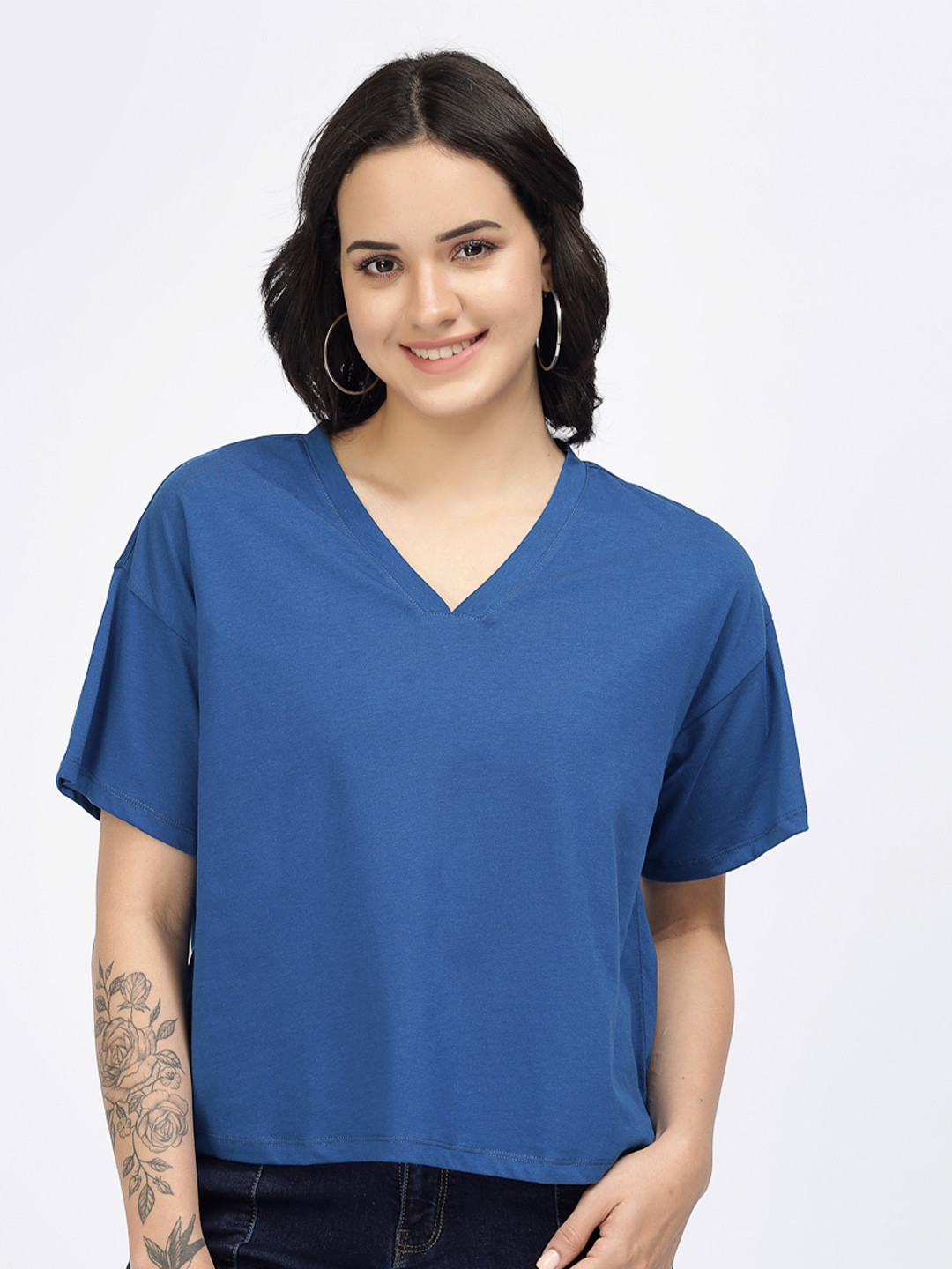 

YOONOY V-Neck Cotton Boxy Top, Teal