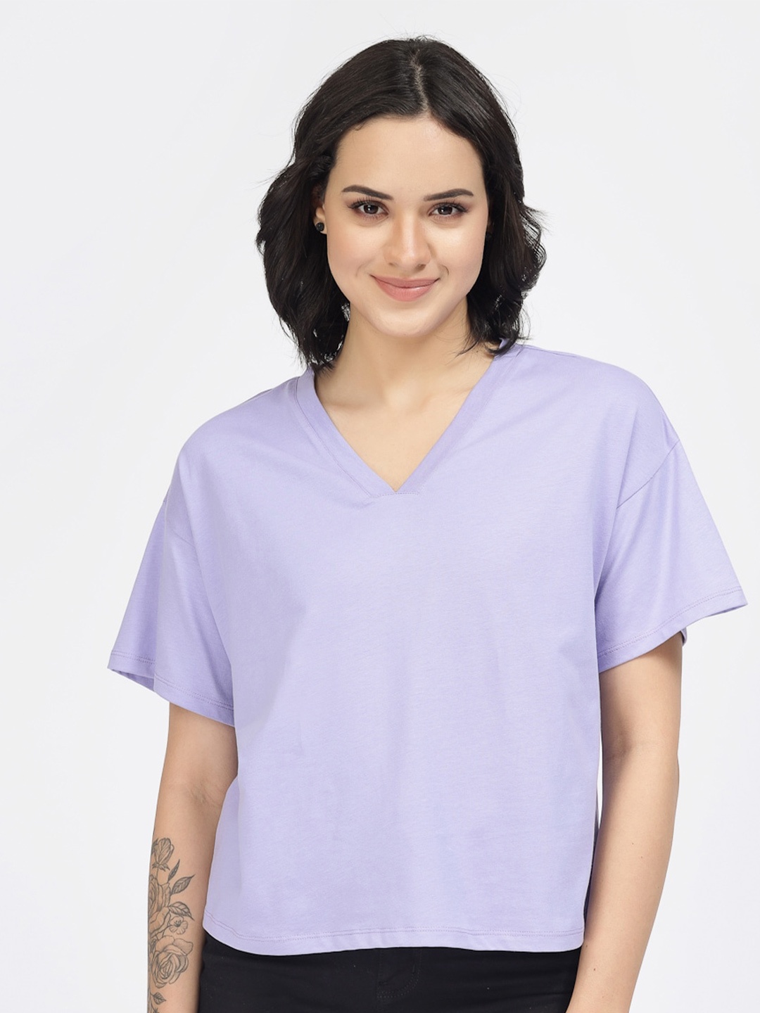 

YOONOY V Neck Pure Cotton Boxy Top, Lavender