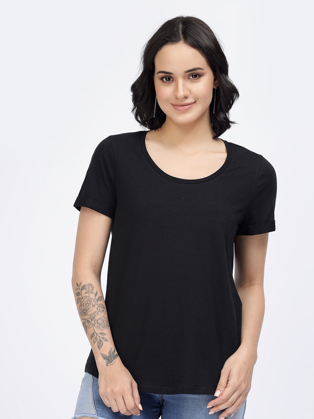 

YOONOY Round Neck Short Sleeves Cotton T-Shirt, Black