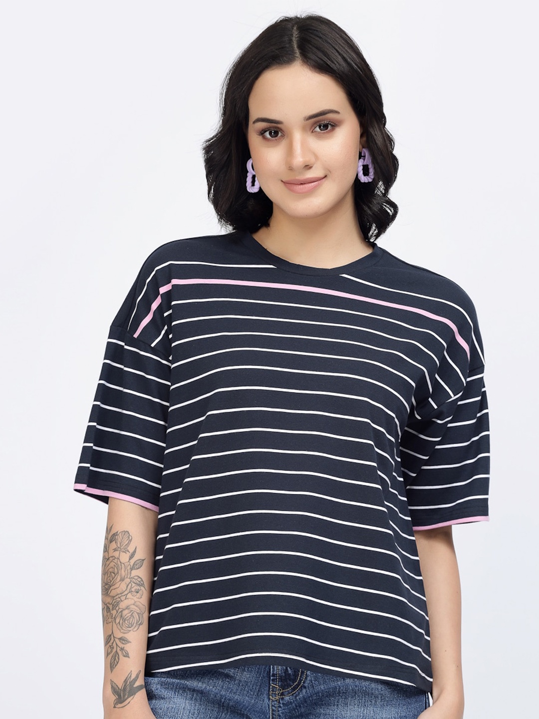 

YOONOY Striped Extended Sleeves Cotton Casual T-Shirt, Black