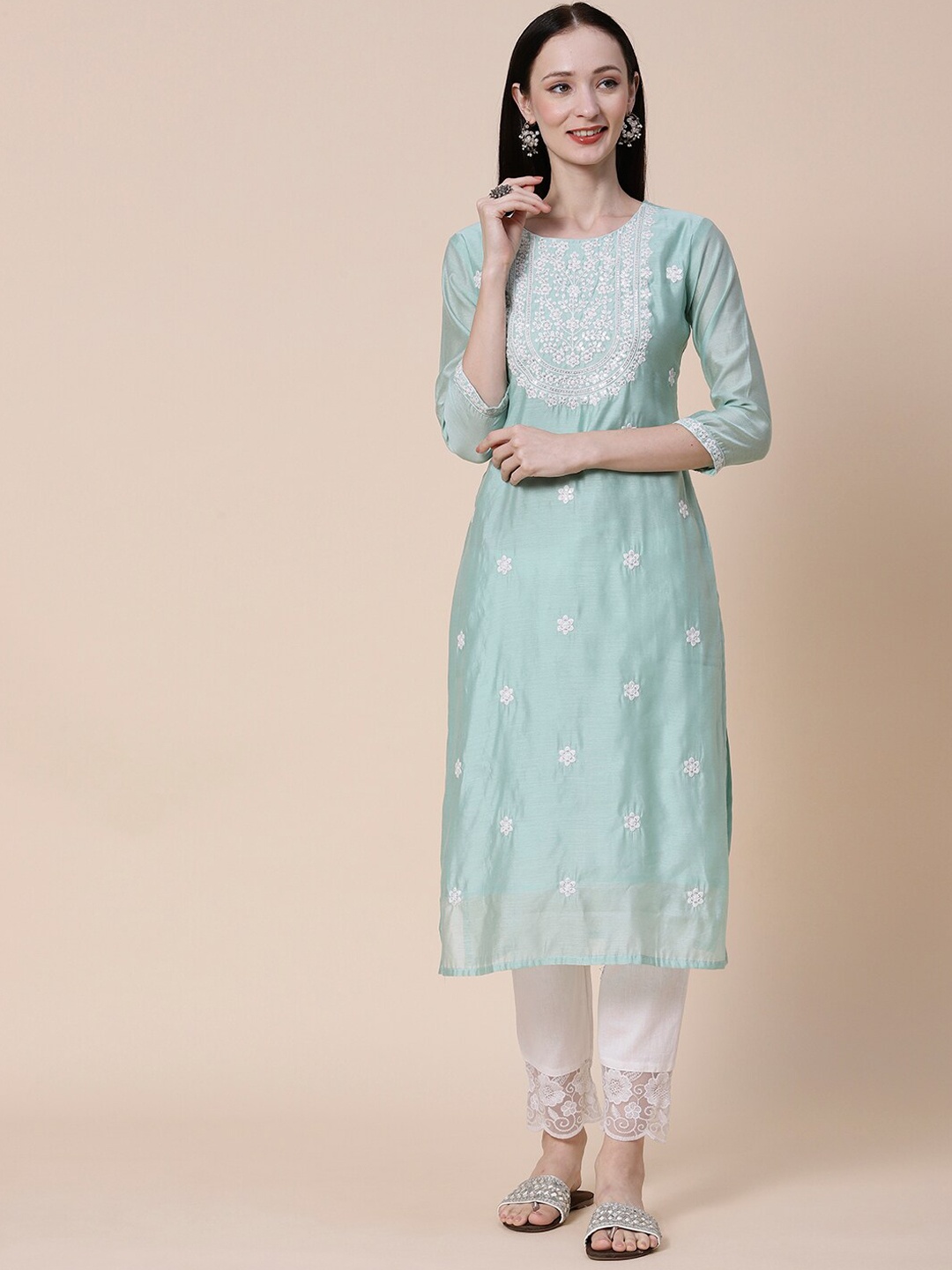

FASHOR Sea Green Floral Embroidered Straight Sequinned Chanderi Silk Kurta
