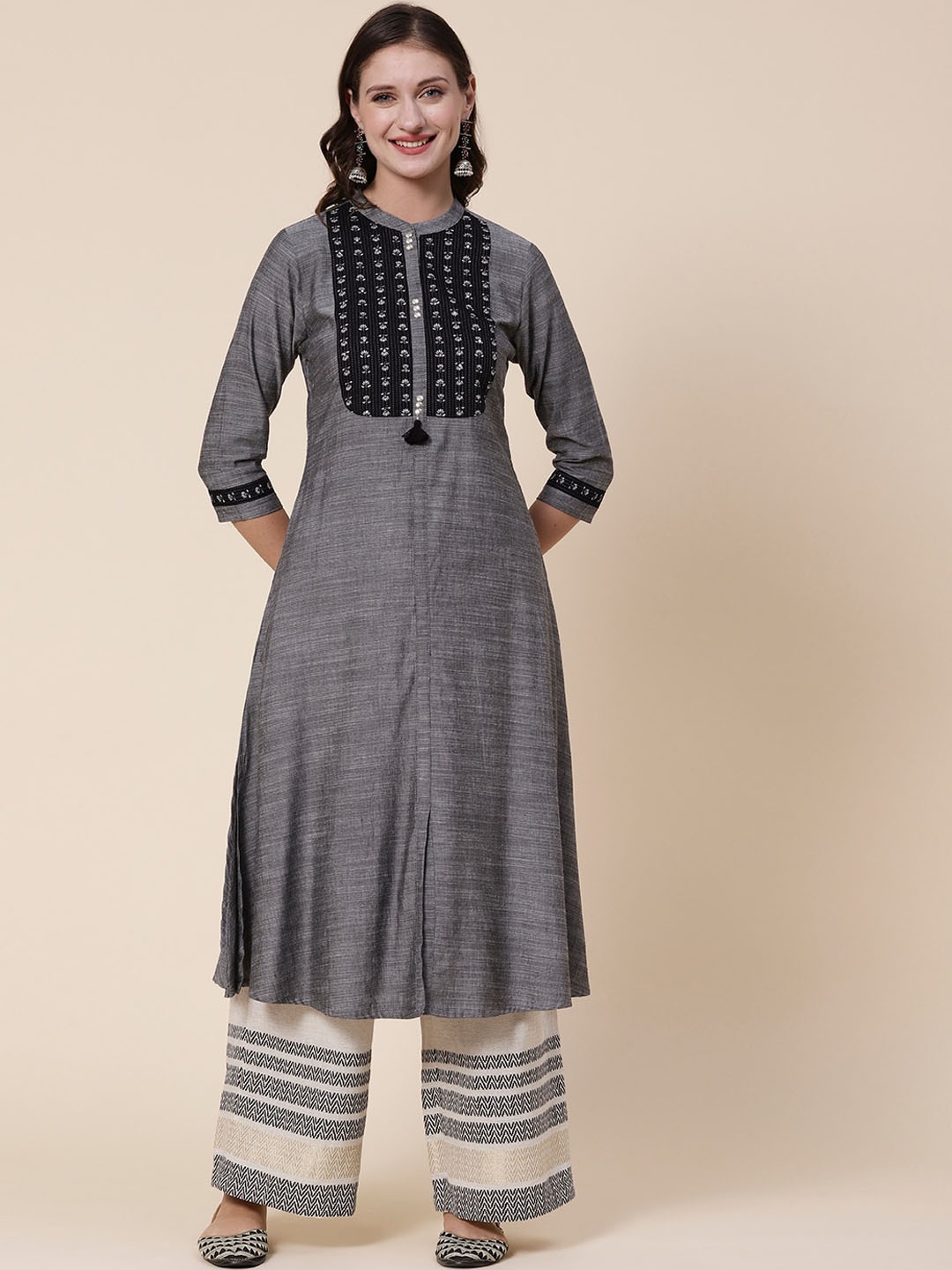 

FASHOR Grey Melange Yoke Design Thread Work Cotton A-Line Kurta