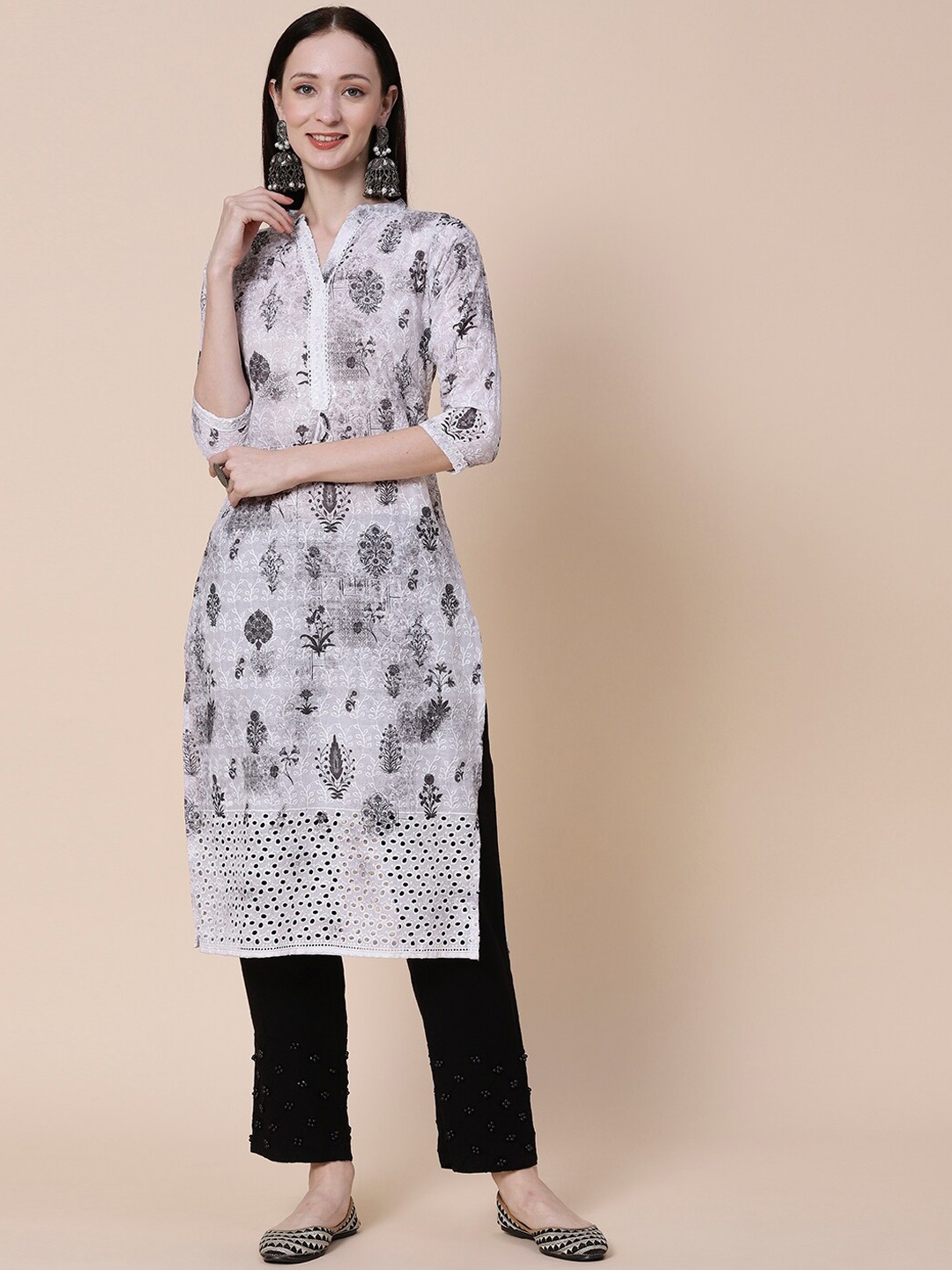 

FASHOR Ethnic Motifs Printed Kurta, White