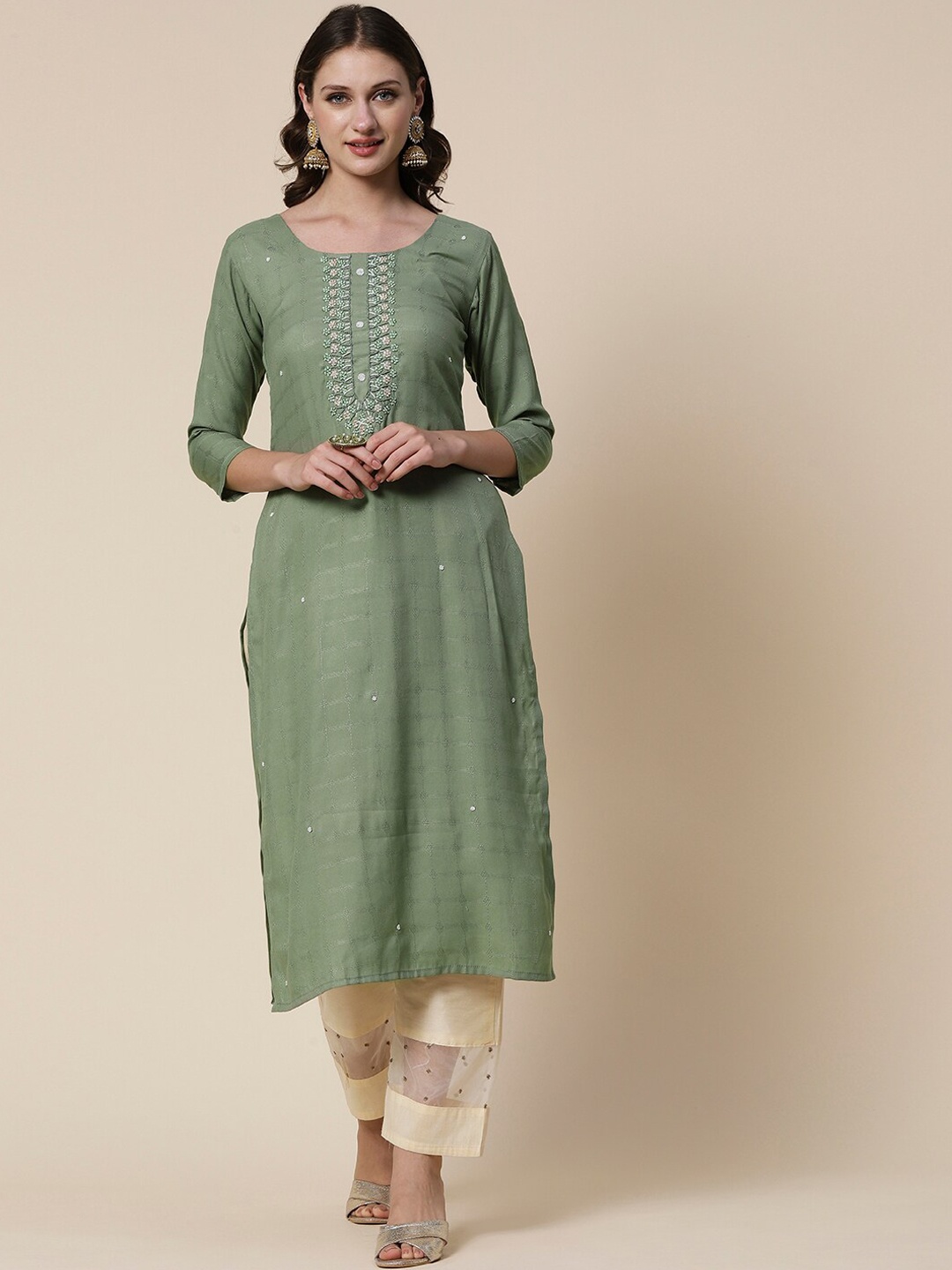 

FASHOR Floral Embellished Straight Kurta, Green
