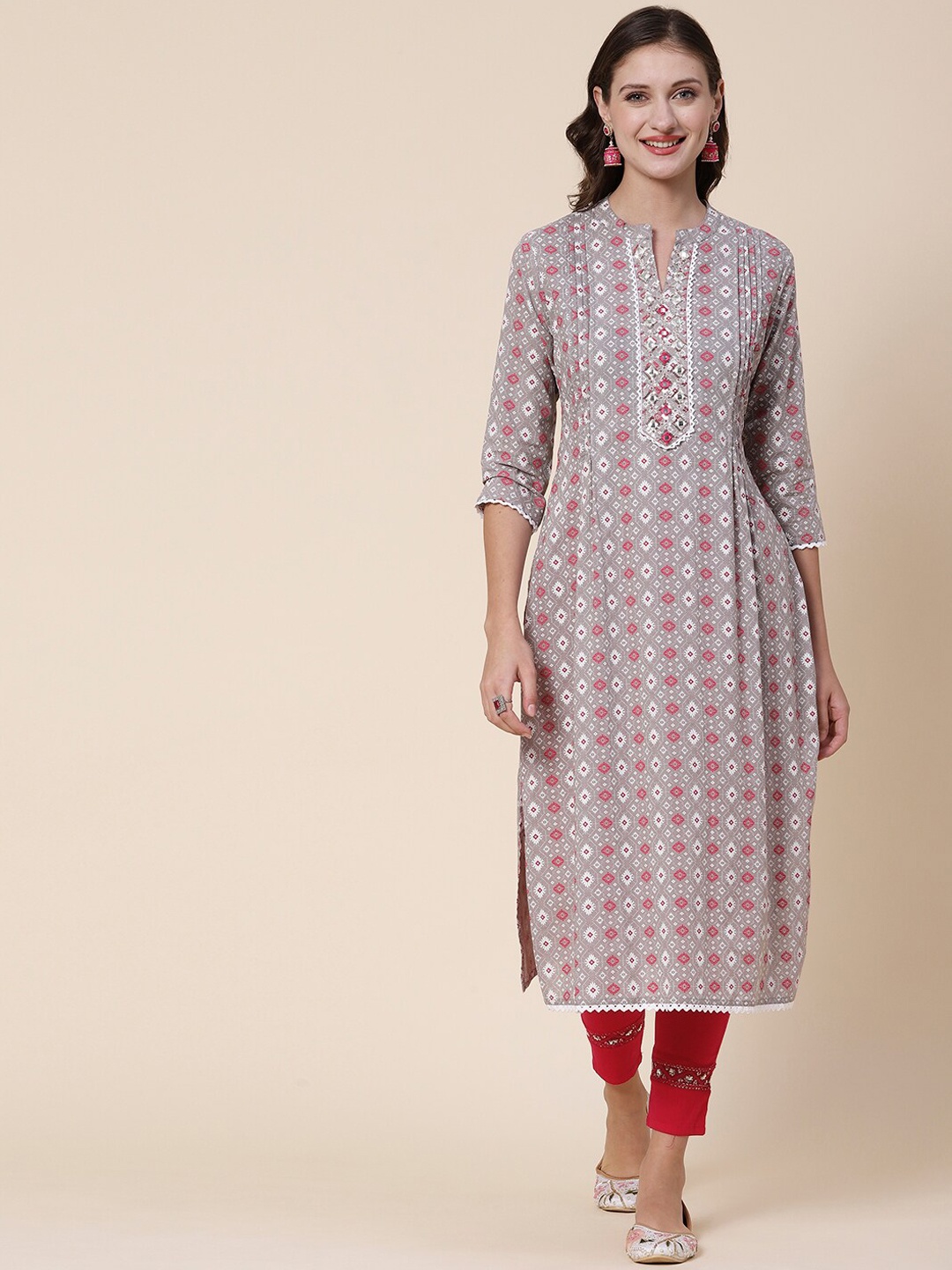 

FASHOR Grey & White Floral Printed Mirror Work Cotton A-Line Kurta