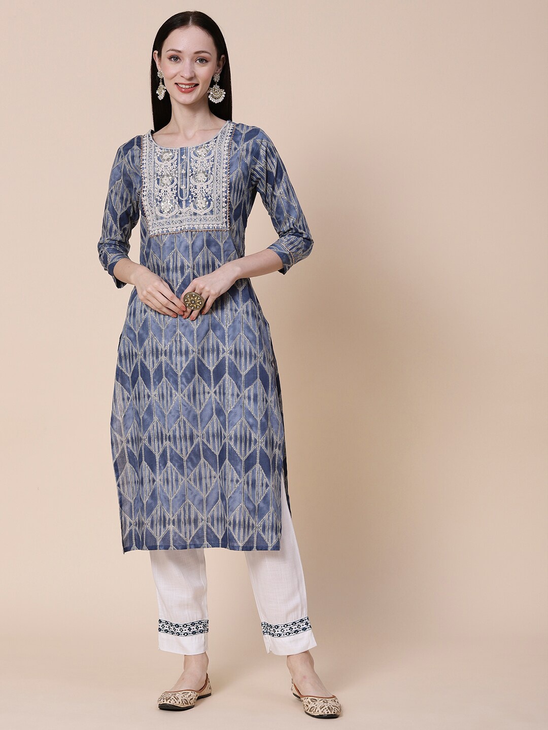 

FASHOR Blue Ethnic Motifs Printed Sequinned Pure Cotton Straight Kurta