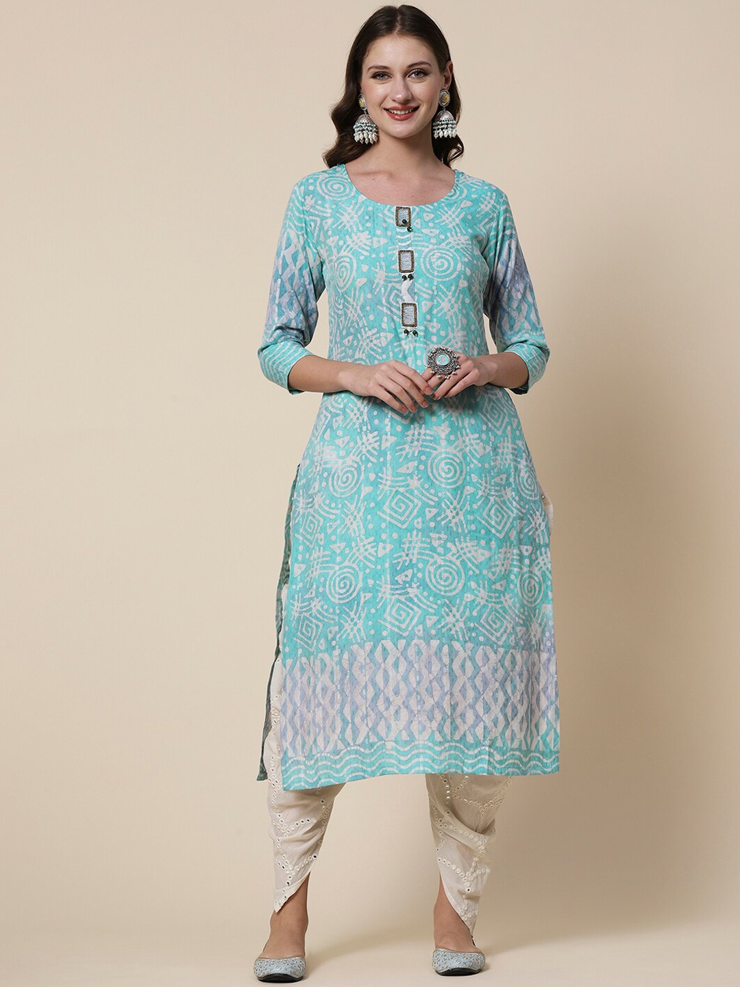 

FASHOR Blue & White Ethnic Motifs Printed Beads & Stones Kurta