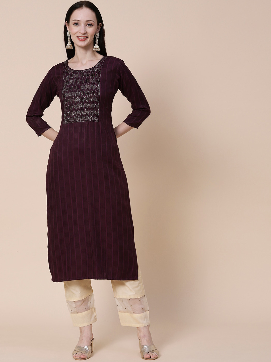 

FASHOR Yoke Design Dobby Kurta, Mauve