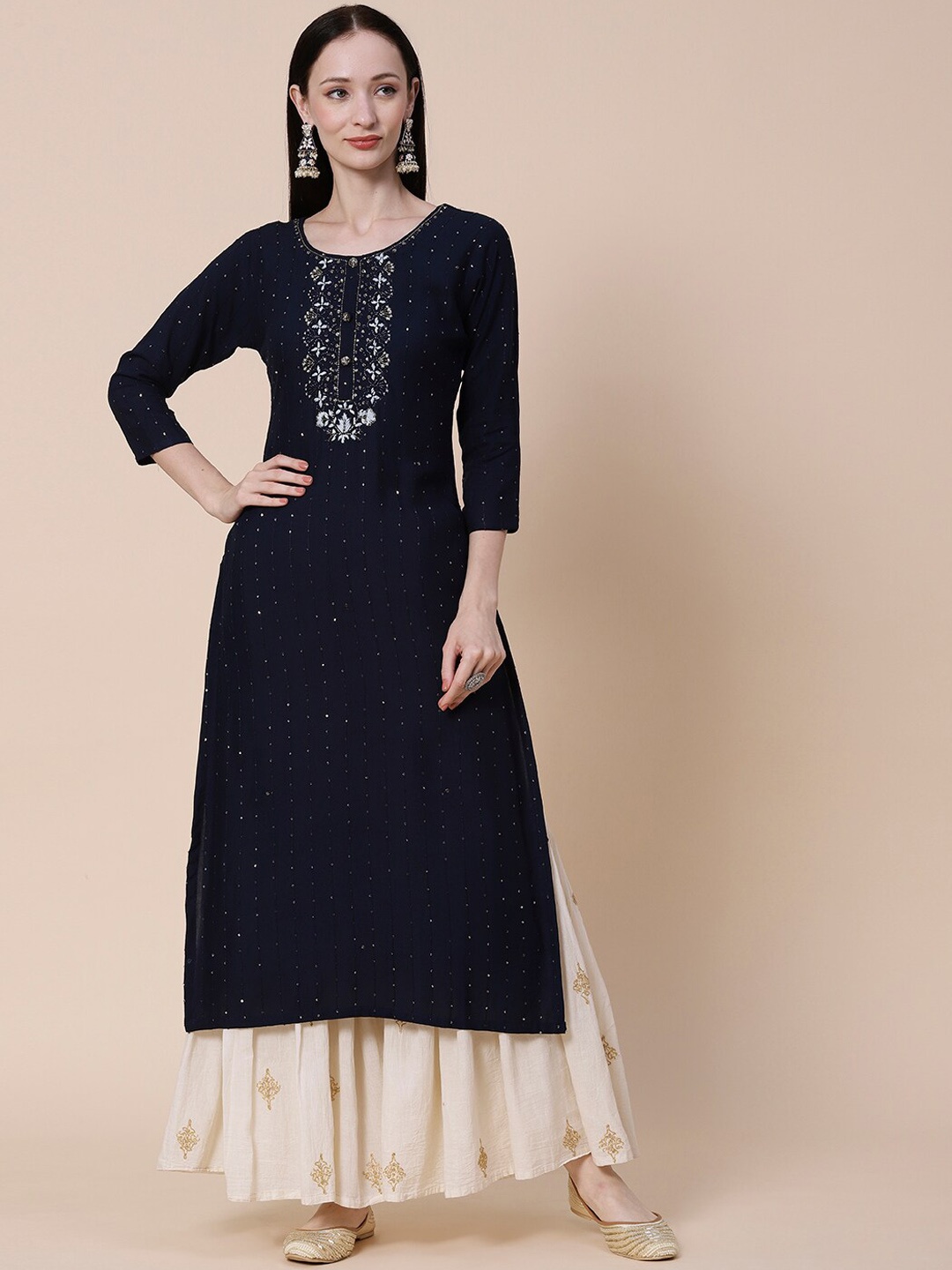 

FASHOR Striped Sequinned Straight Kurta, Navy blue