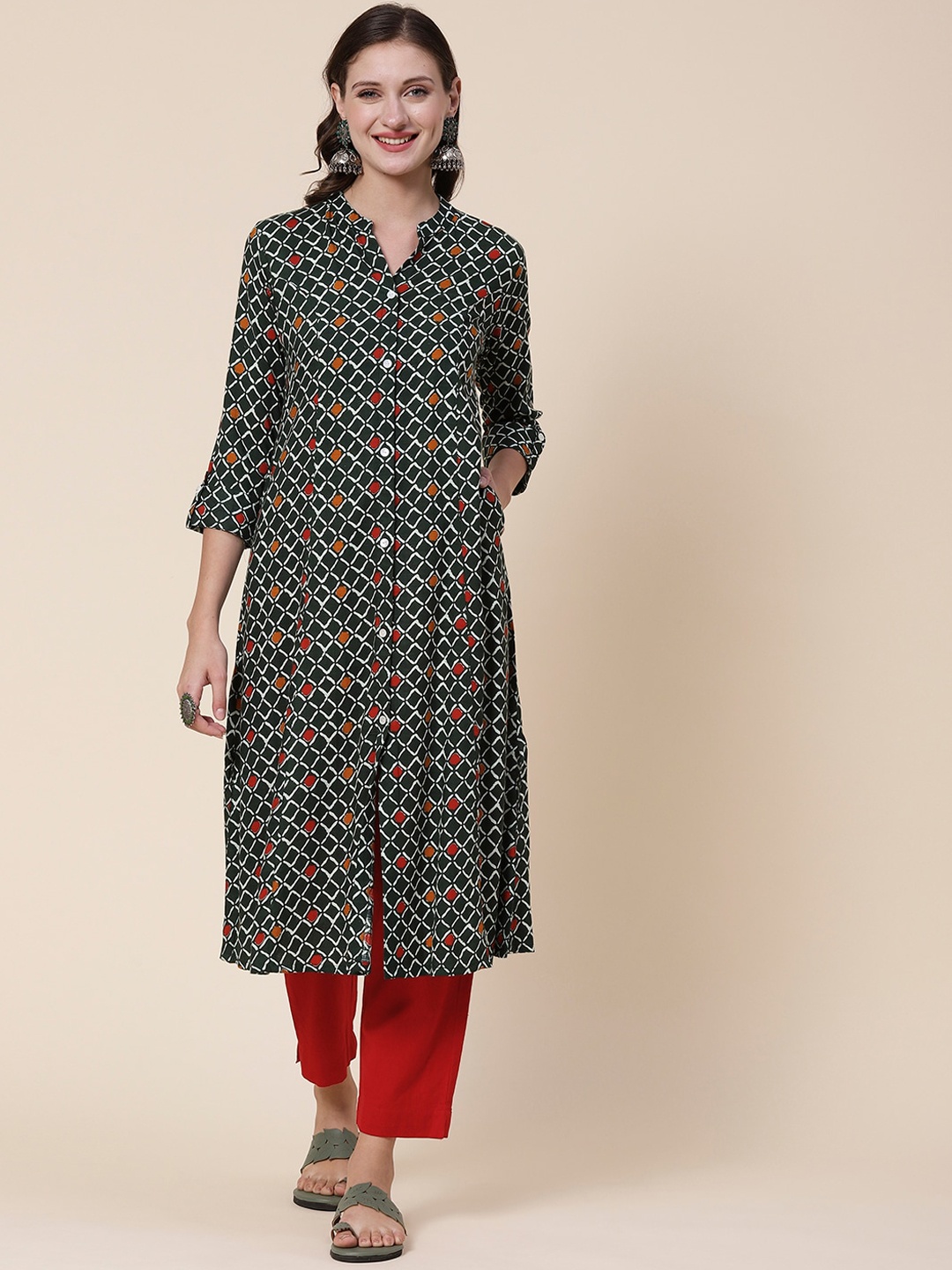 

FASHOR Printed Mandarin Collar A-line Kurta, Green