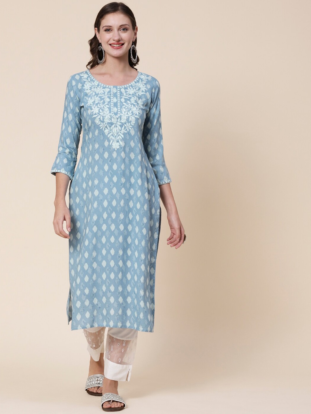 

FASHOR Women Blue Ethnic Motifs Printed Sequinned Kurta