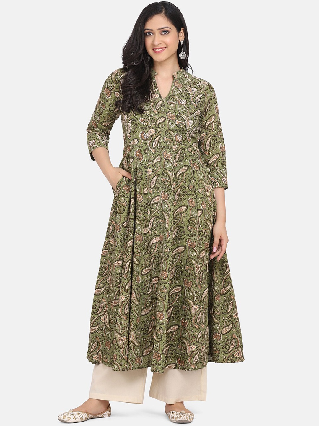 

Saanjh Olive Green Paisley Printed Panelled Pure Cotton Kurta with Palazzos