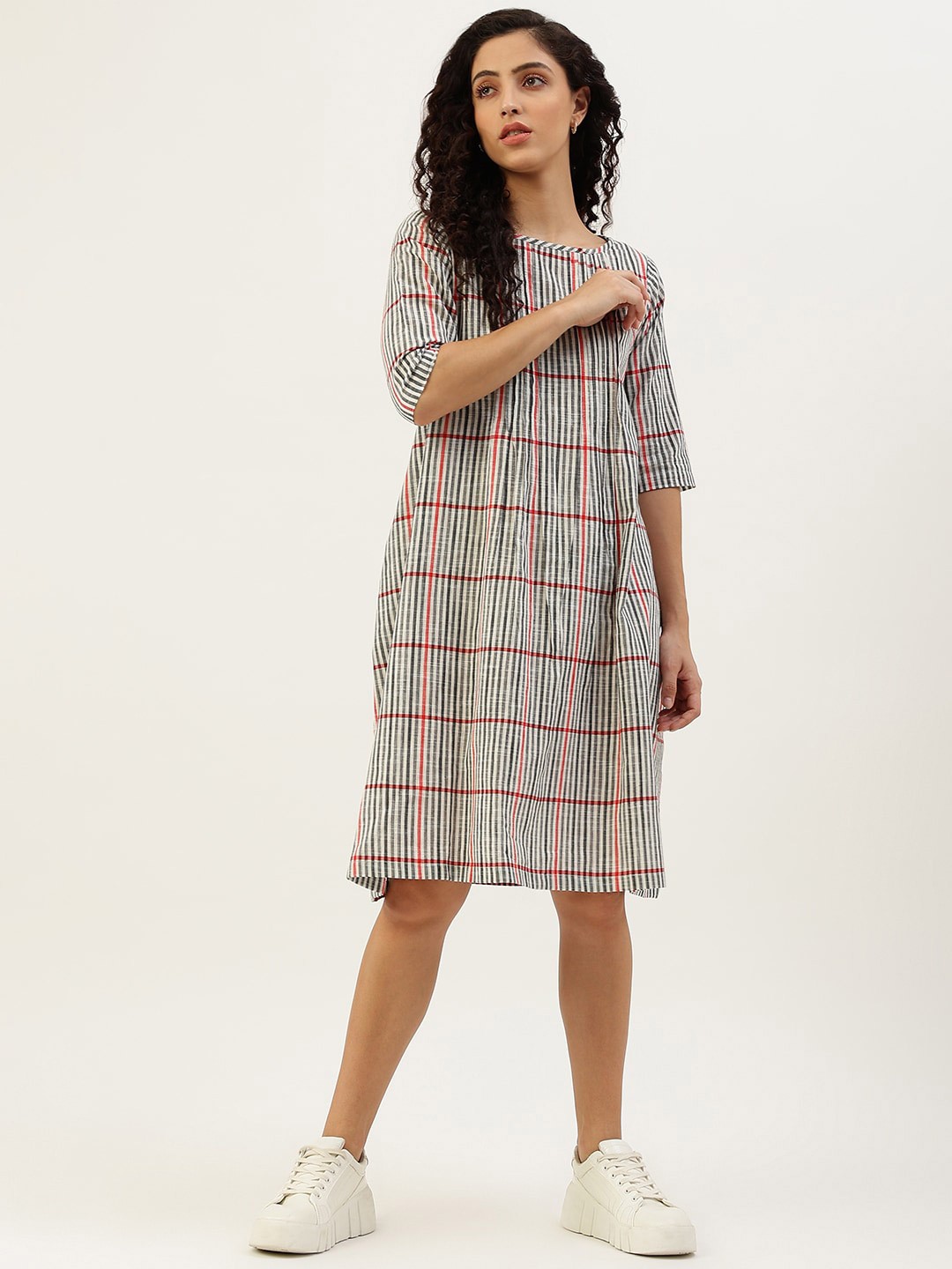 

Lokatita Pintucks Checked Cotton A-Line Dress, Black