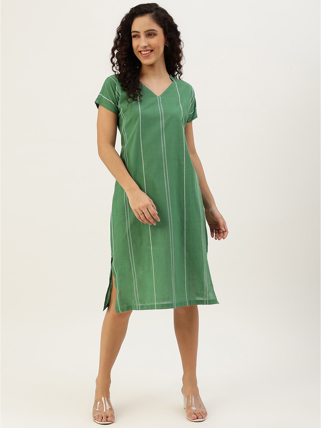 

Lokatita Striped V-Neck A-Line Cotton Dress, Green