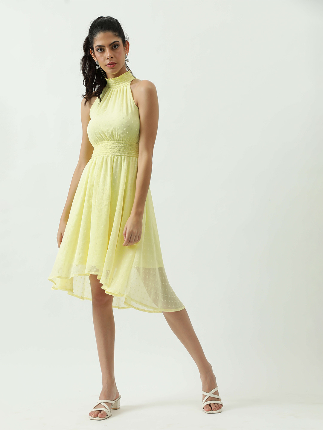 

Taggd Self Design Georgette Fit & Flare Dress, Yellow
