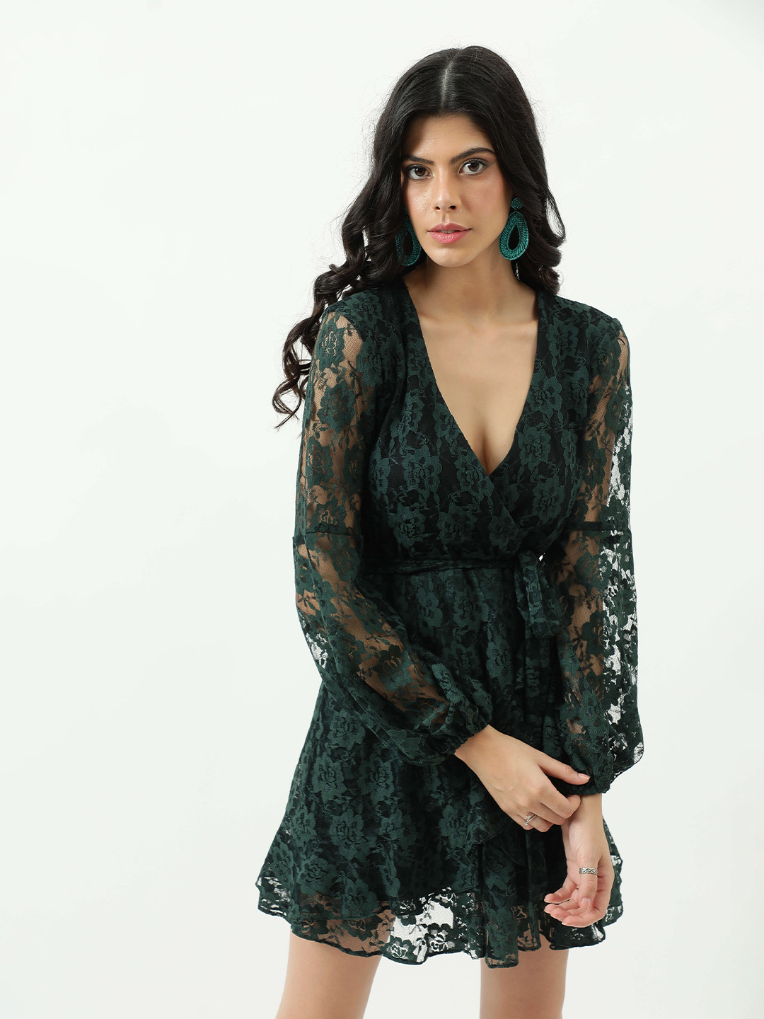 

Taggd Self Design Puff Sleeves Fit & Flare Dress, Green
