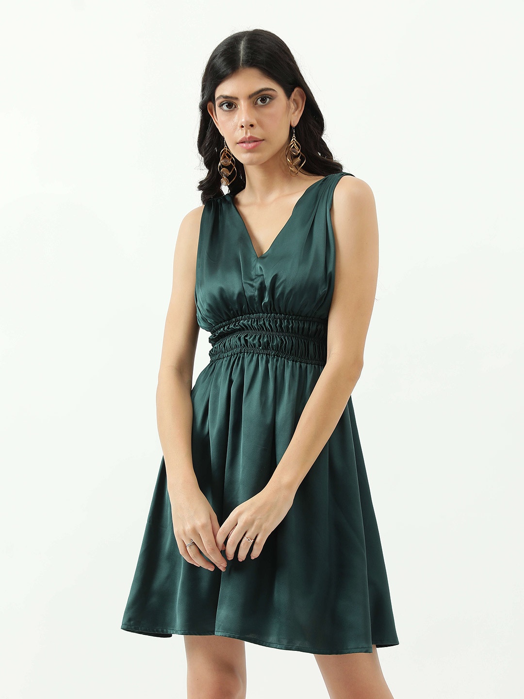 

Taggd V-Neck Smocked Georgette Fit & Flare Dress, Sea green