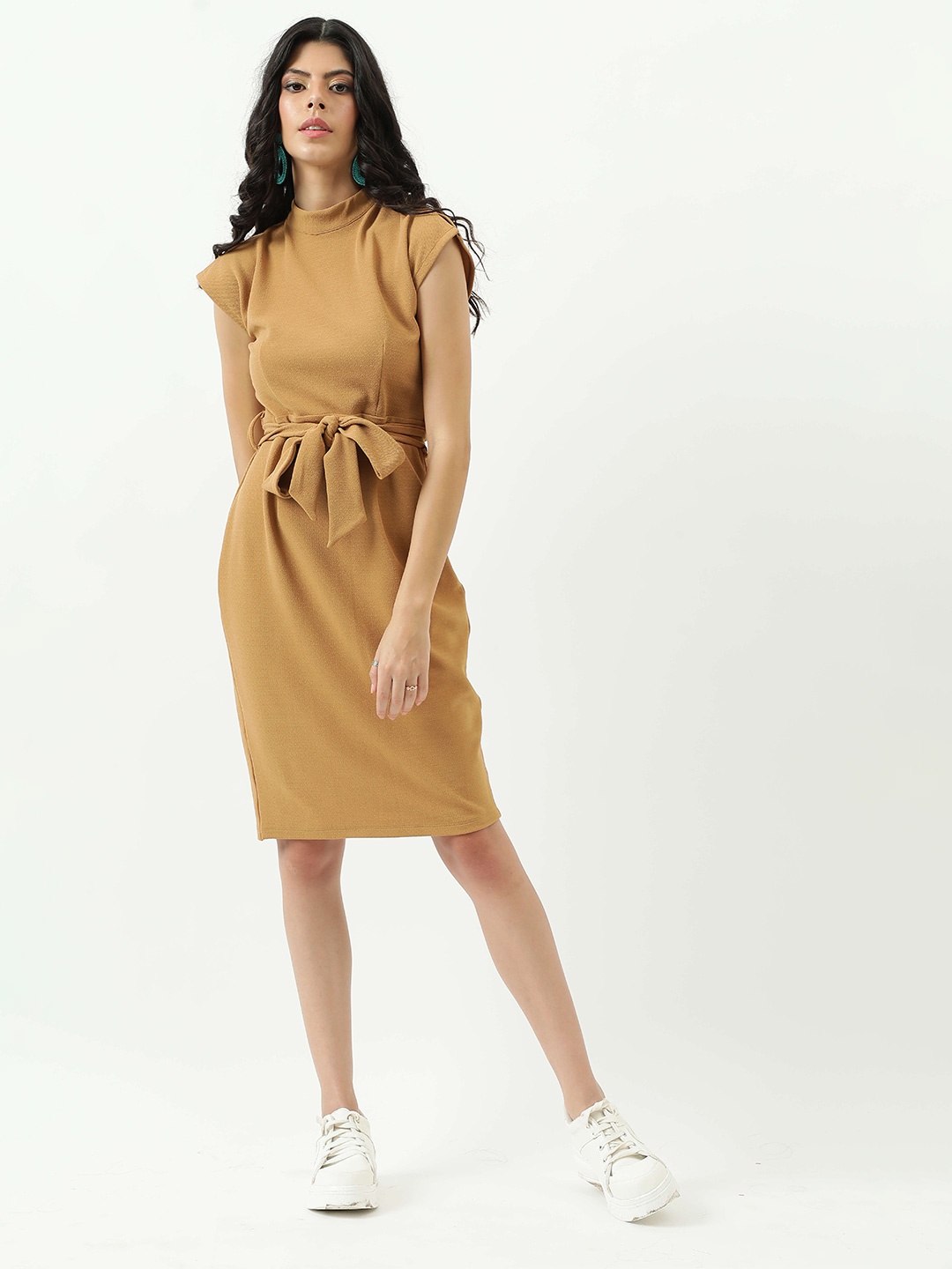 

Taggd Round Neck Sheath Dress, Camel brown