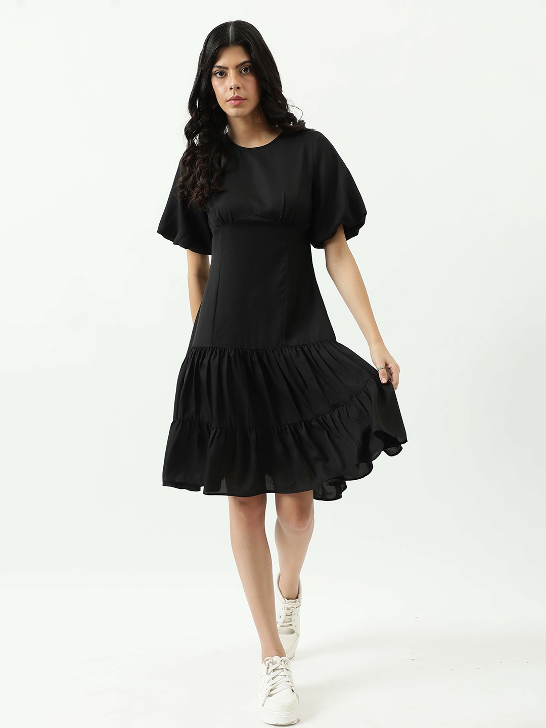 

Taggd Flared Tiered Drop-Waist Dress, Black