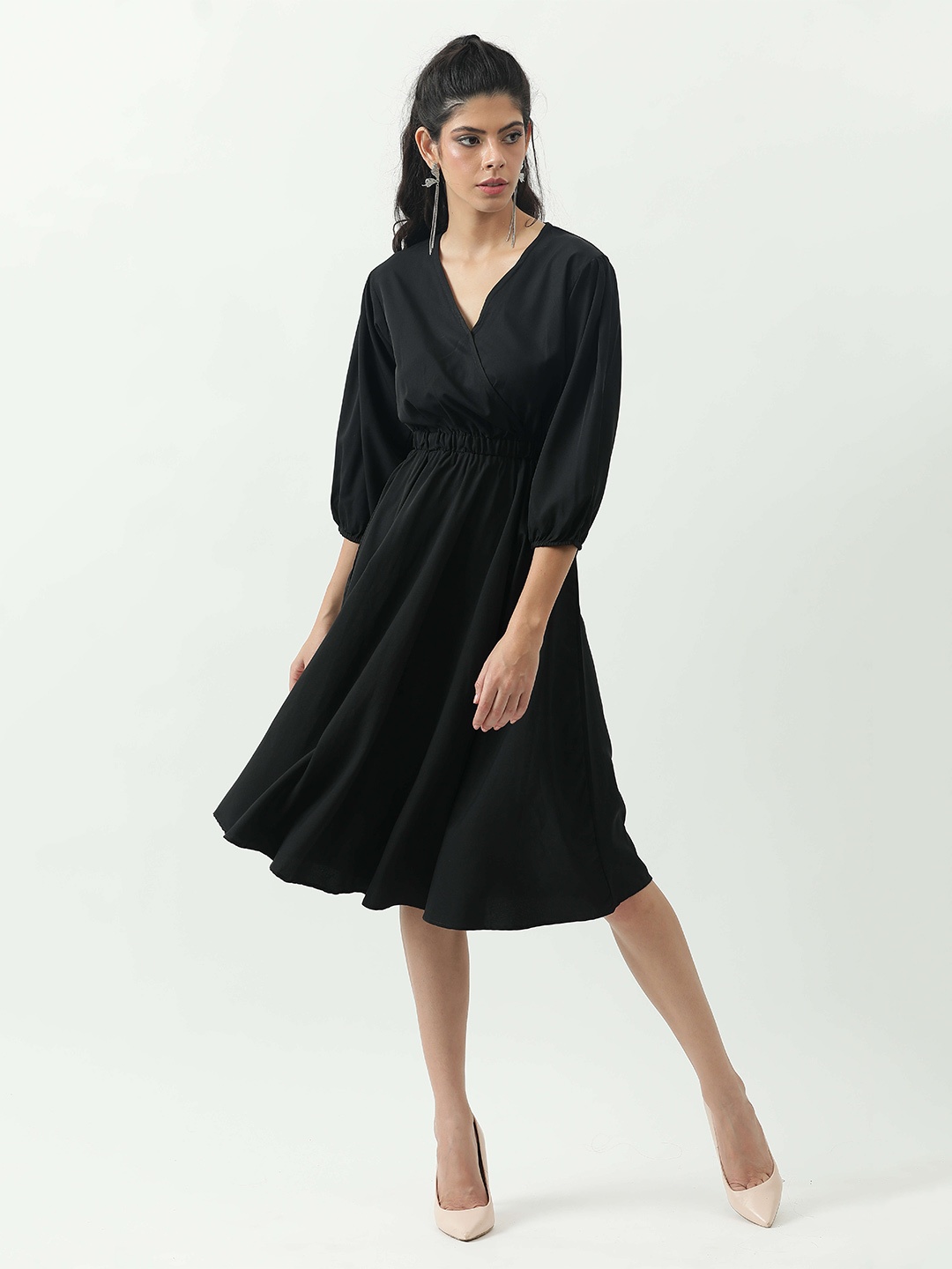

Taggd V-Neck Puff Sleeve Fit & Flare Dress, Black
