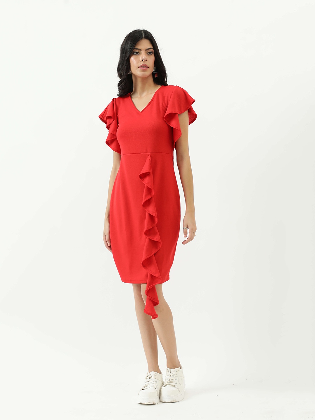 

Taggd V-Neck Flutter Sleeves Sheath Dress, Red