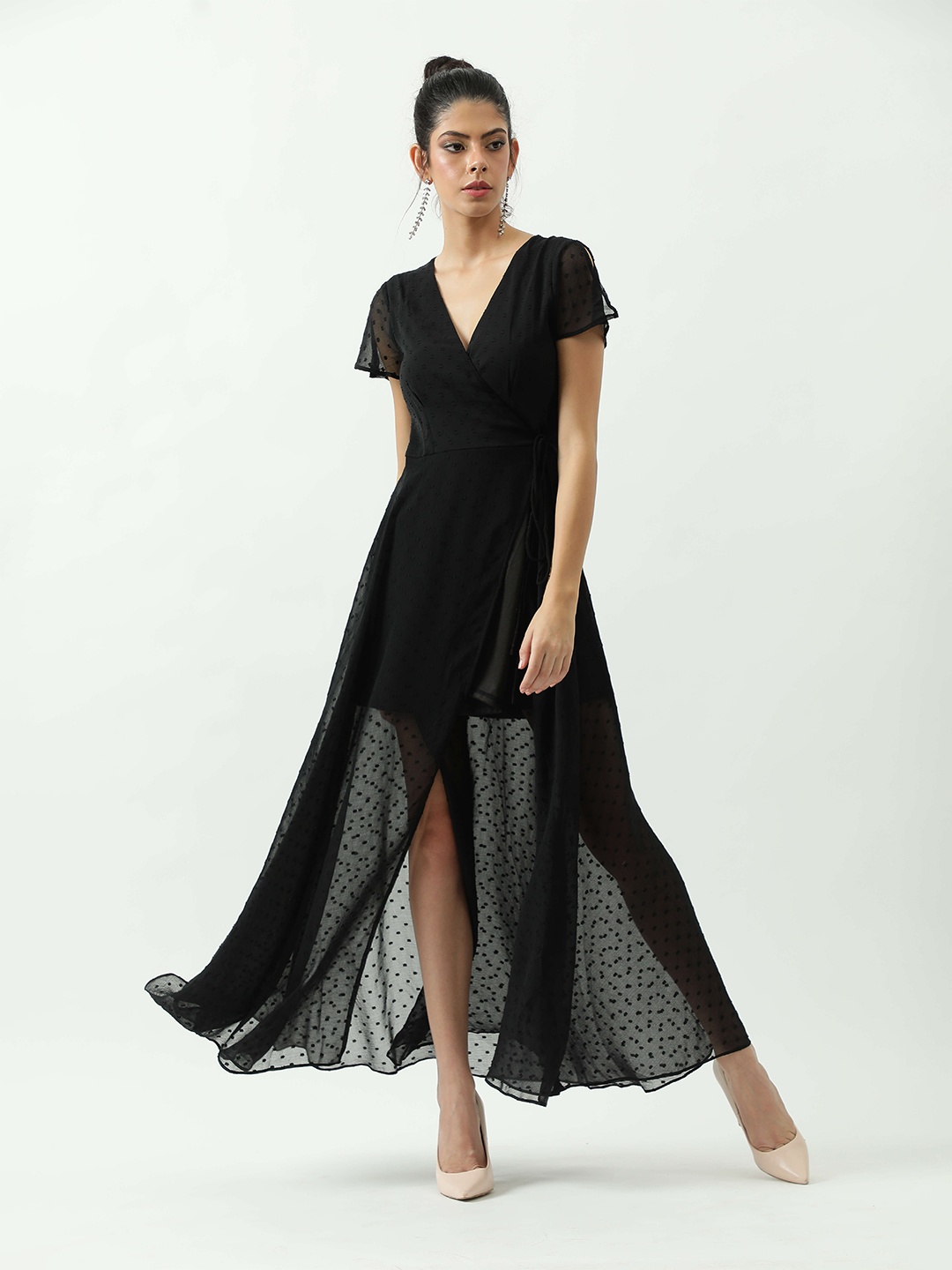 

Taggd Self Design V-Neck Maxi Dress, Black
