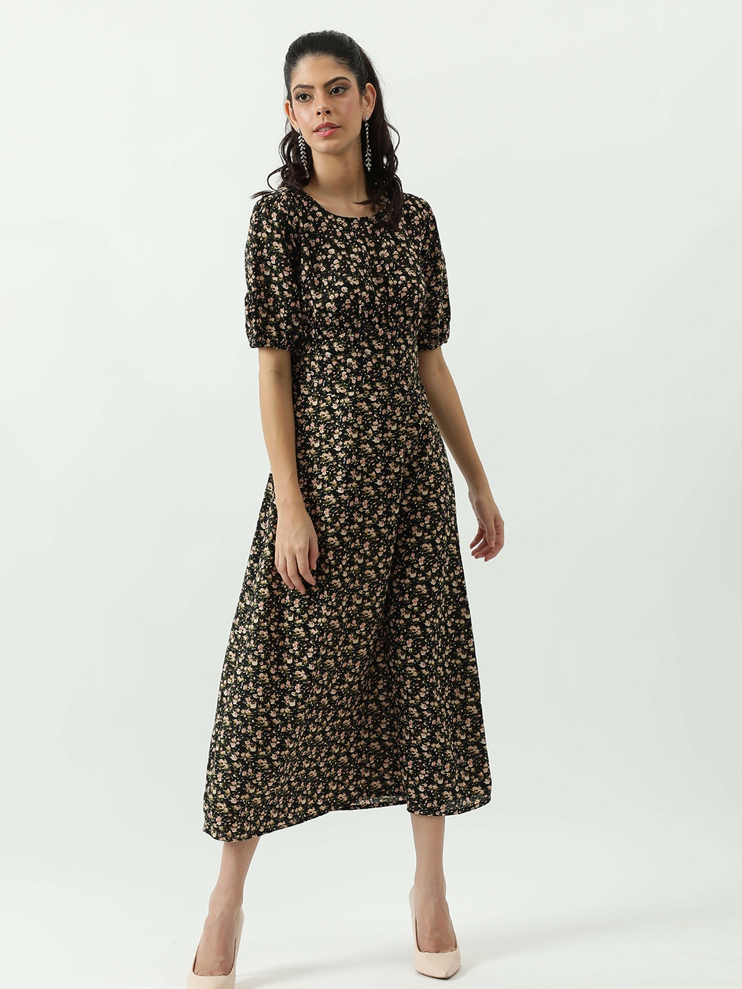 

Taggd Floral Printed Puff Sleeve Fit & Flare Midi Dress, Black