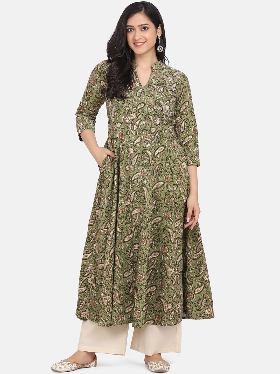 

KALINI Women Olive Green Paisley Printed Regular Pure Cotton Kurta with Palazzos
