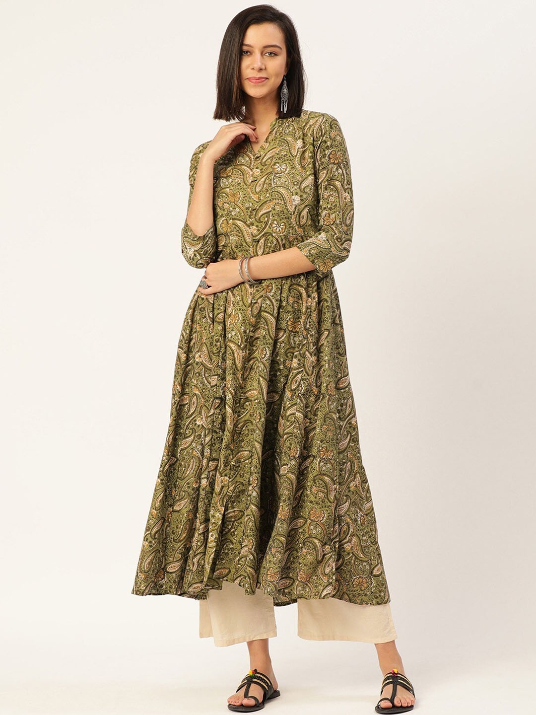 

KALINI Paisley Printed Pure Cotton Kurta with Palazzos, Olive