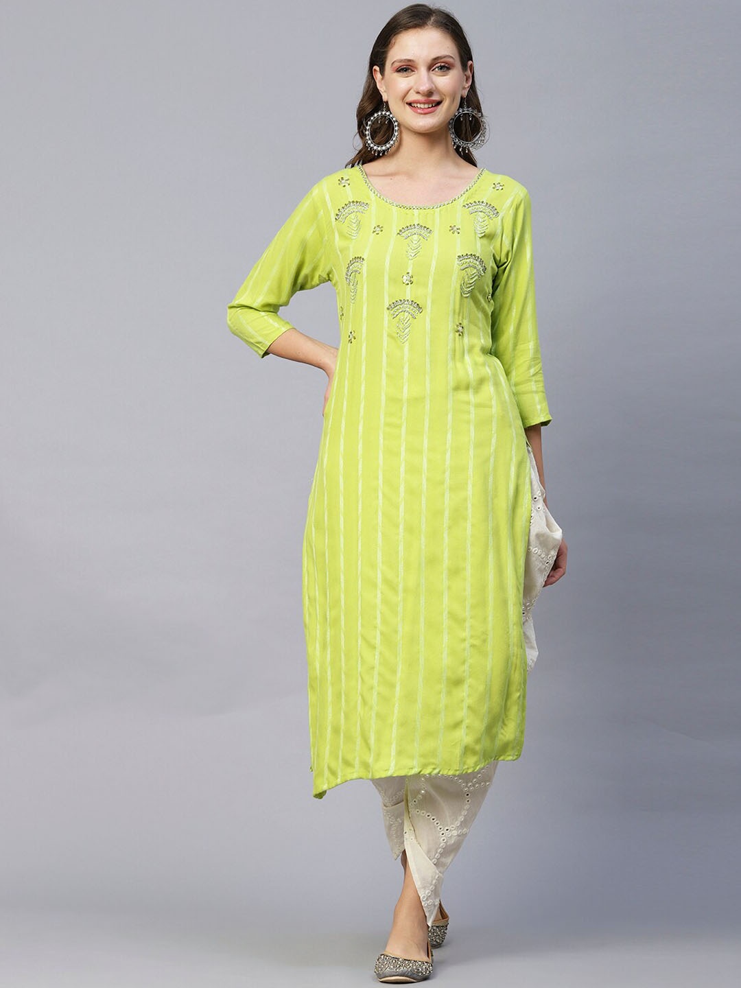 

FASHOR Lime Green Striped Gotta Patti Kurta