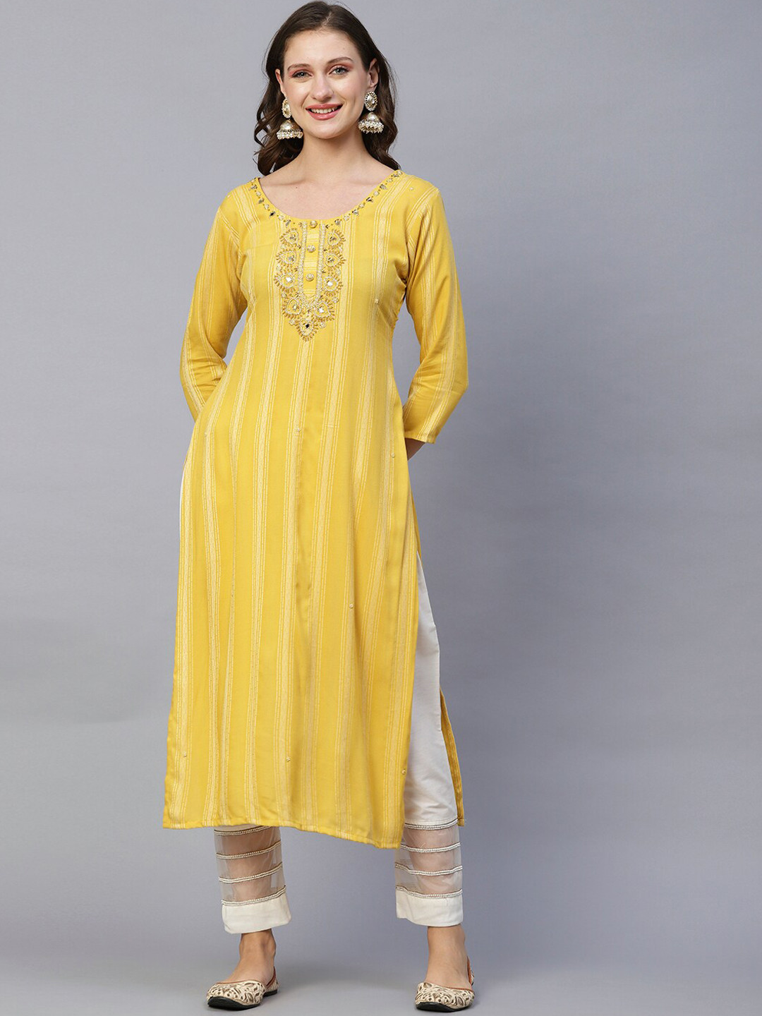 

FASHOR Striped Mirror Work Kurta, Yellow