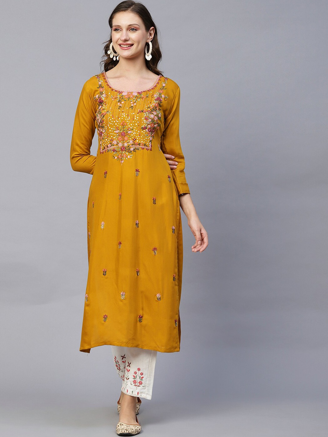

FASHOR Mustard Yellow Floral Yoke Design Thread Work Straight Kurta