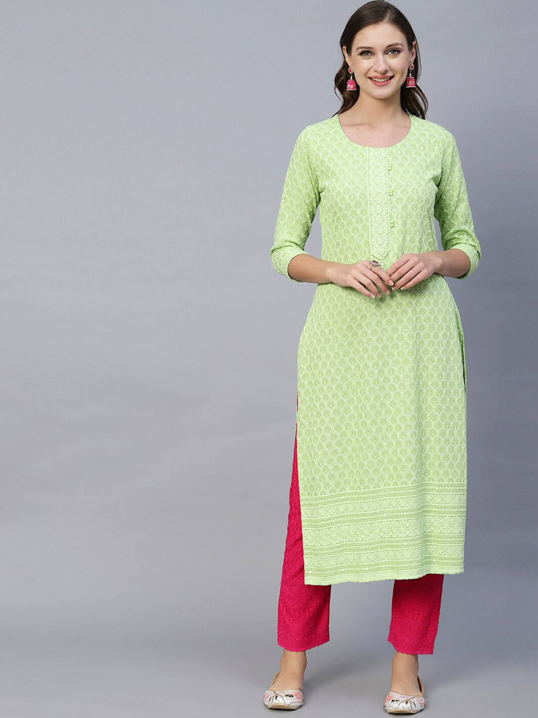 

FASHOR Lime Green Ethnic Motifs Embroidered Sequinned Kurta