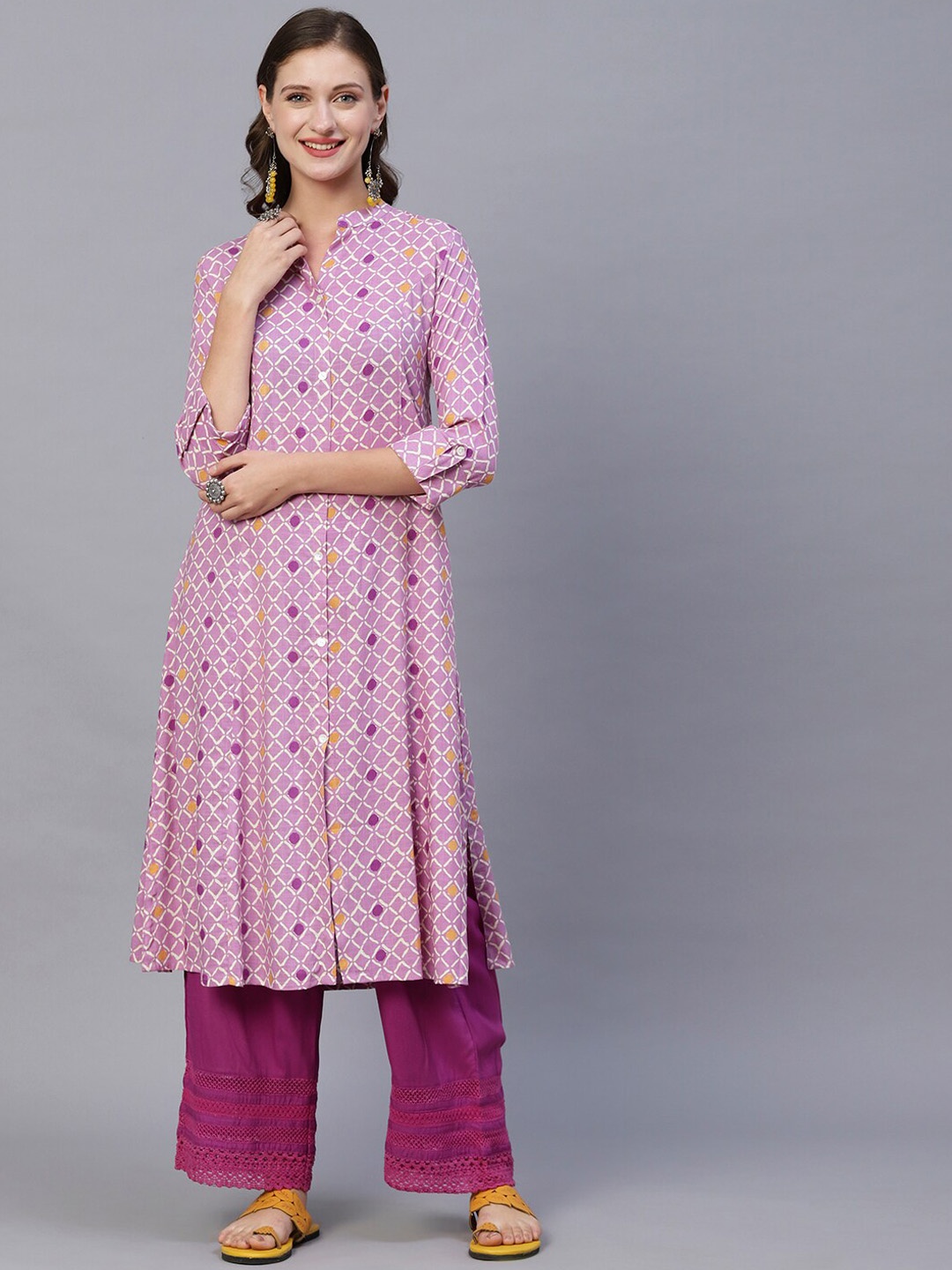

FASHOR Purple Geometric Printed Straight Kurta