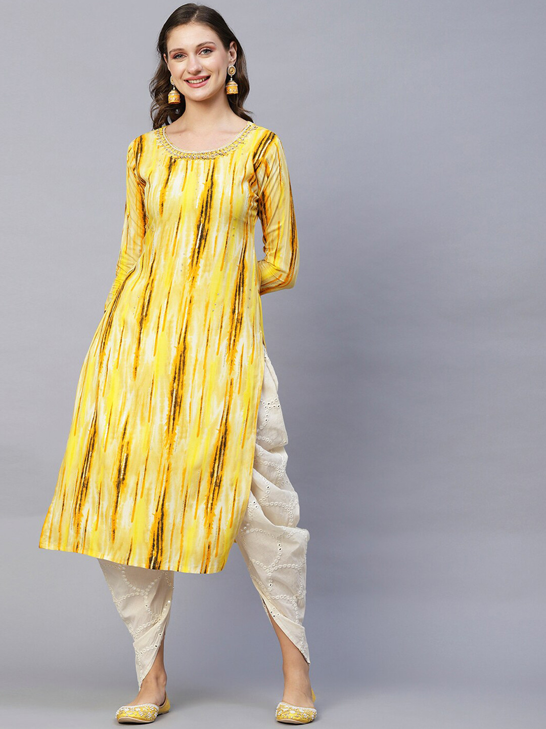 

FASHOR Yellow Abstract Printed Sequinned Kurta