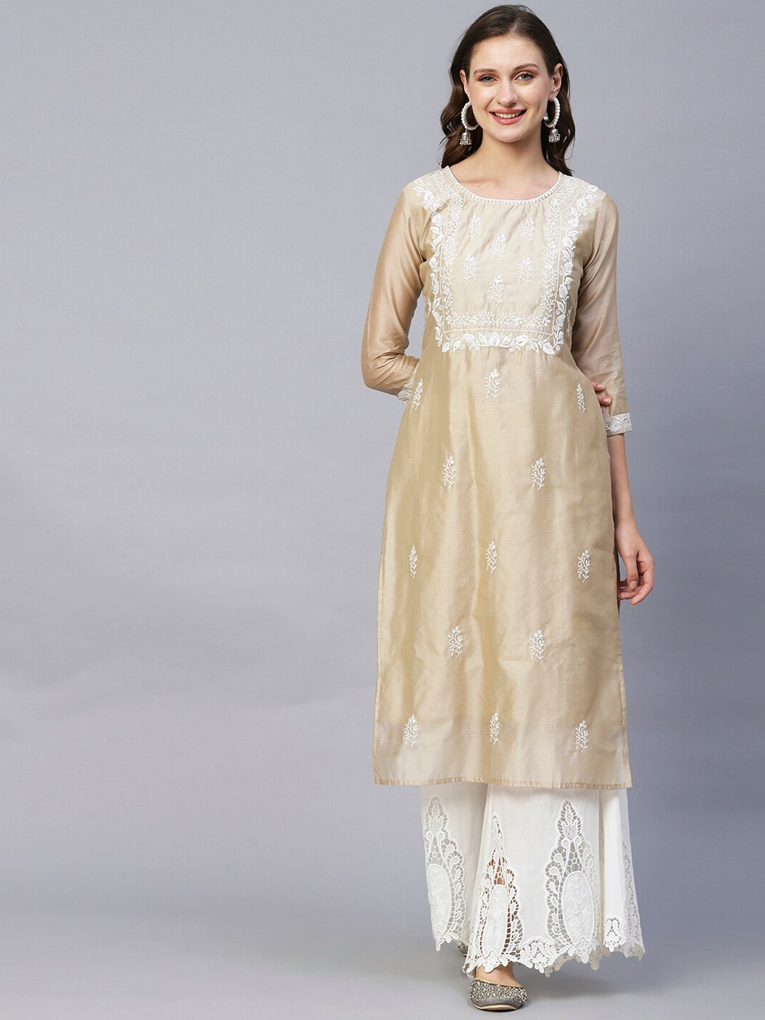 

FASHOR Taupe & White Floral Sequinned Embroidered A-Line Kurta