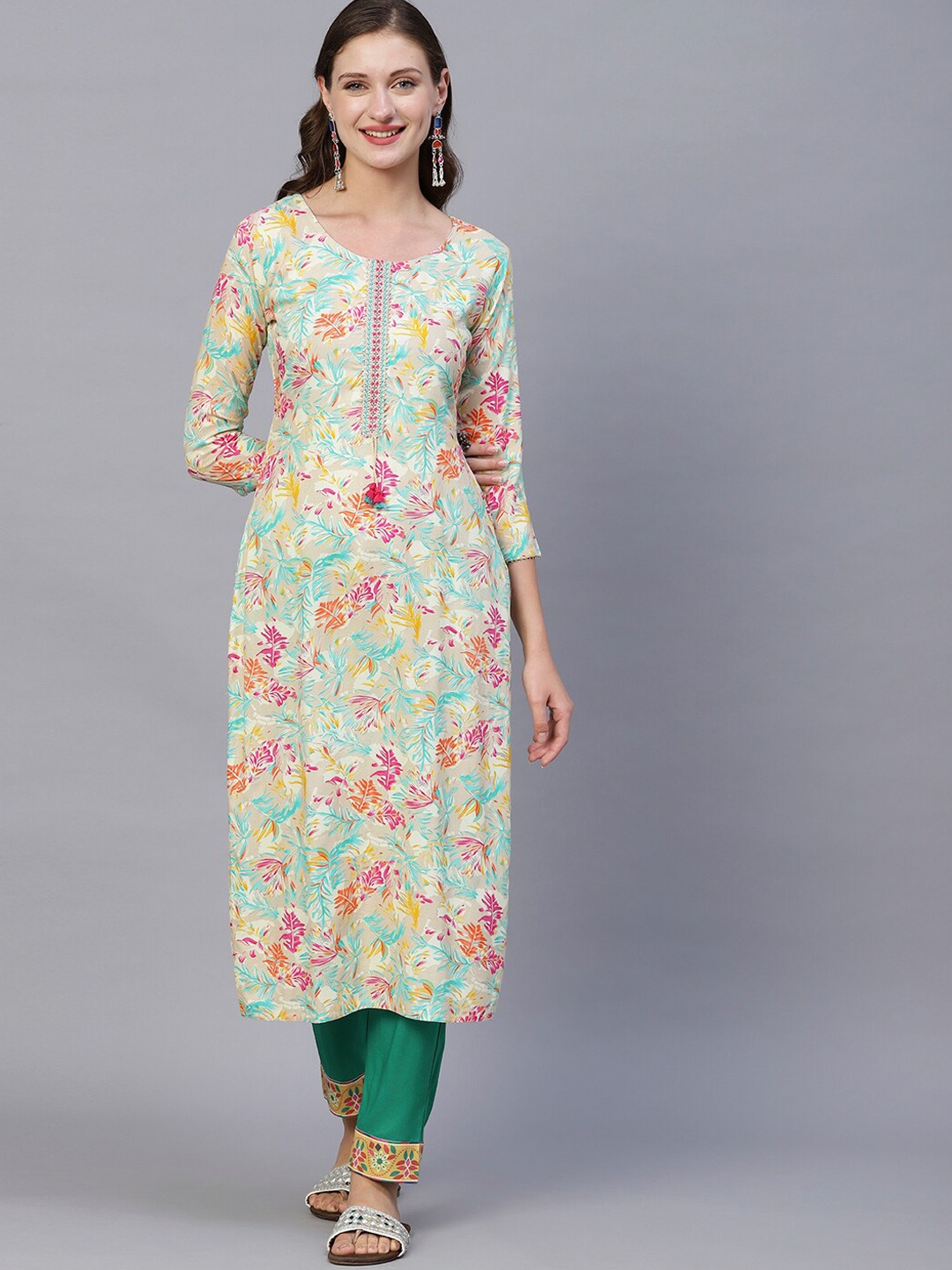 

FASHOR Floral Printed Mirror Work Kurta, Taupe
